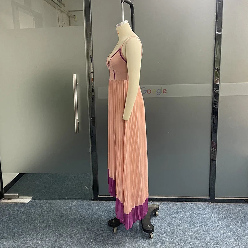 Ellafads Women Maxi Dress Summer Fashion V Neck Nipped Waist Slim Sleeveless Suspender Pleated Irregular Dresses High Streetwear