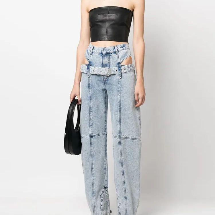Casual Cut Out Denim Trousers For Women High Waist Patchwork Belt Vintage Streetwear Jean Female Fashion Clothing