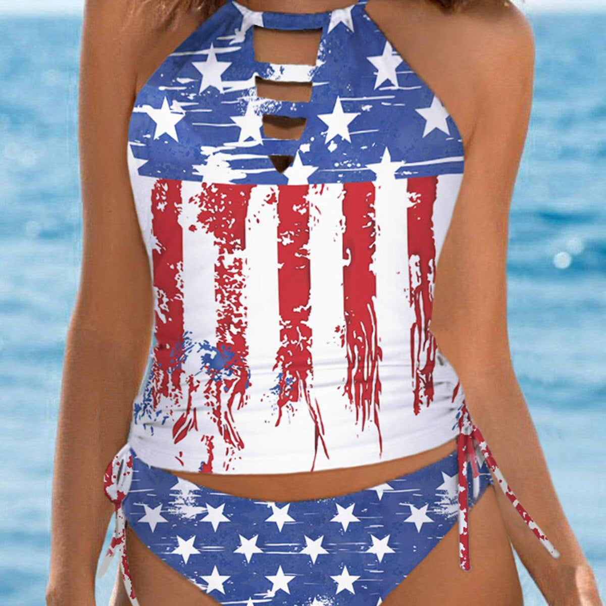 Sexy Women American Flag Hollow Out Drawstring Halter Tankini Set Brazilian Swimsuit 2024 New Bra Two Piece Swimwear Beachwear