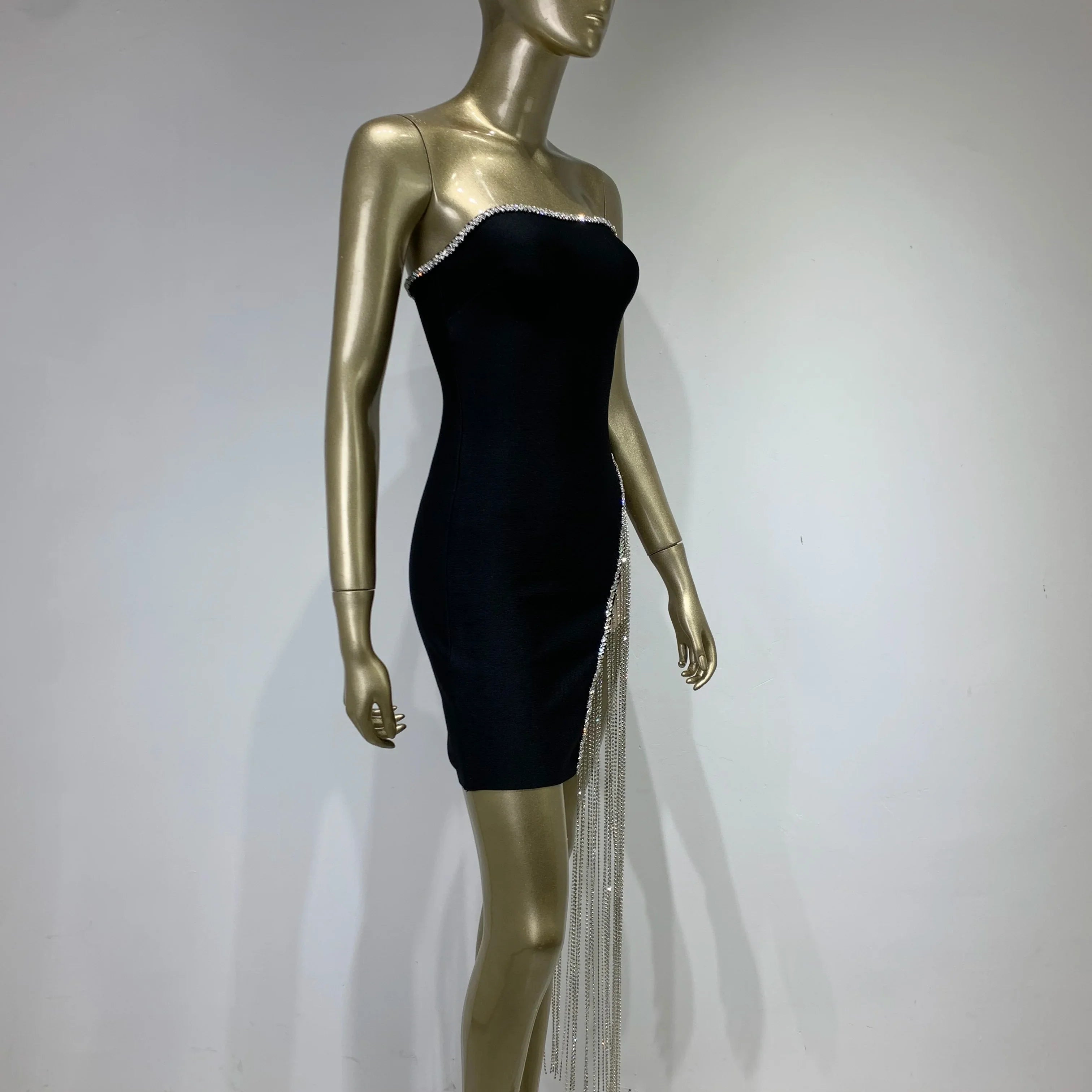 Luxury Women Summer Sexy Strapless Diamonds Crystal Black Mini Bodycon Bandage Dress Elegant Evening Club Party Dress