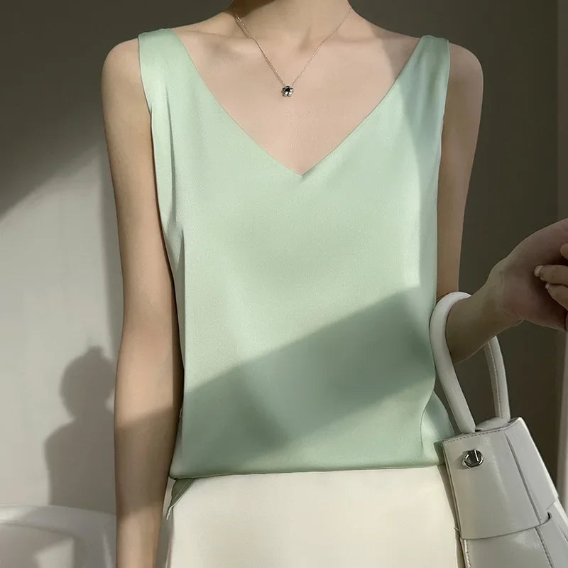 Ice Silk Camisole Women's V-neck Tops White Satin Camis Mulberry Summer Ladies' Crop Top Women Solid Blouse Vest Grass Green