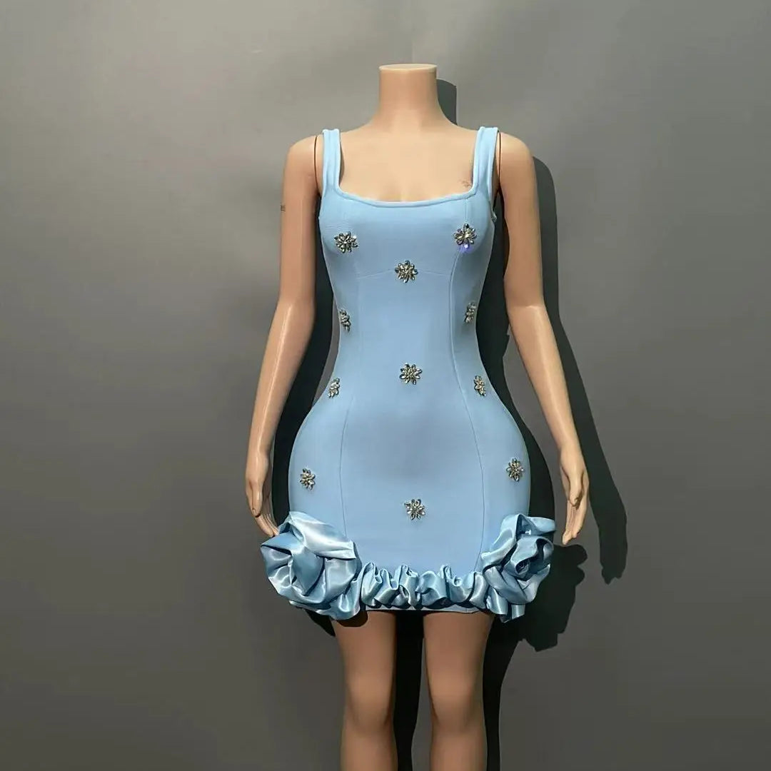 New STyle Skyblue Women Sleeveless Big O-Neck Bodycon Mini Bandage Dress Ruffles Cute Birthday Party Celebrate Dress SKY BLUE