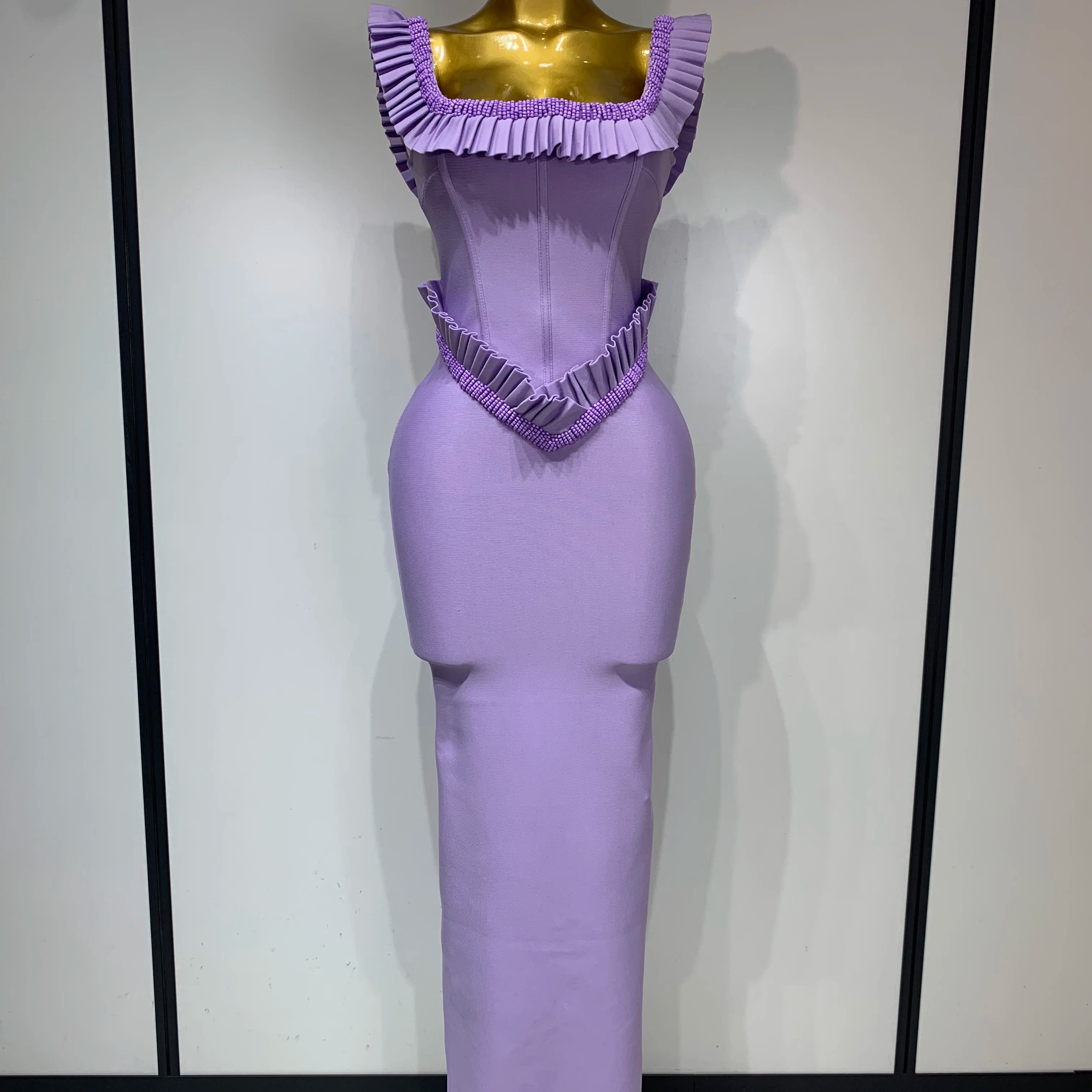 Women Sexy Square Collar Ruffles Beading Long Bodycon Bandage Dress 2025 Celebrity Elegant Evening Club Party Birthday Dress PURPLE