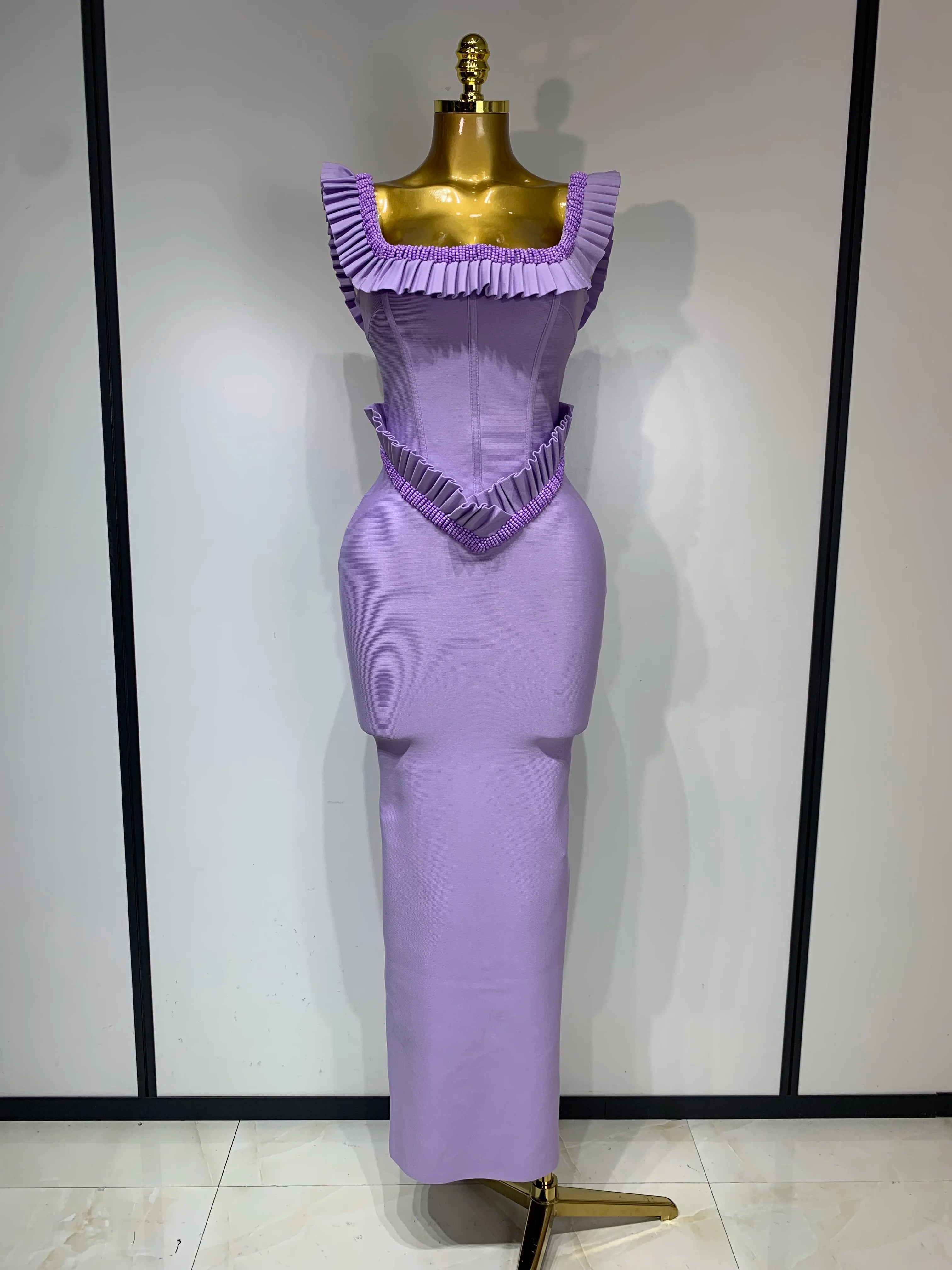 Women Sexy Square Collar Ruffles Beading Long Bodycon Bandage Dress 2025 Celebrity Elegant Evening Club Party Birthday Dress PURPLE