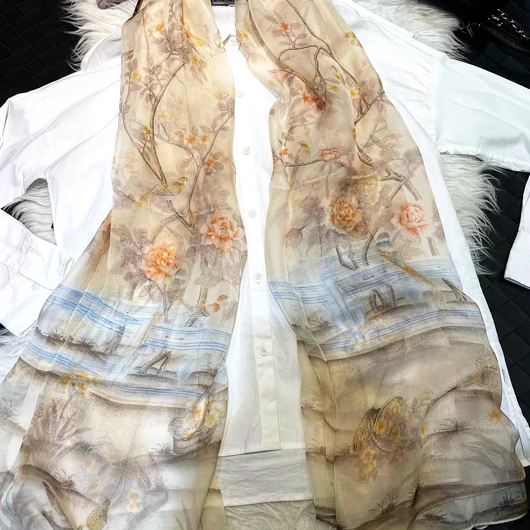 [BYSIFA] White 100% Silk Scarf Cape Fashion Floral Design Long Scarves Women Summer Utralong Beach Shawl Winter Scarves180*110cm beige floral