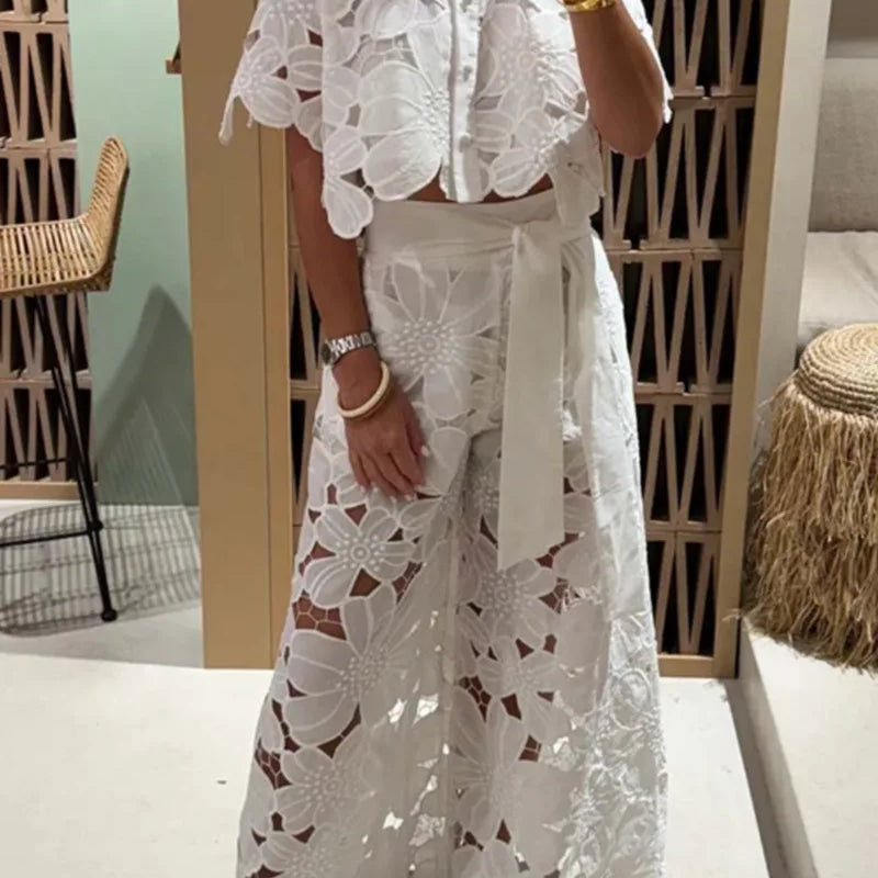 Sexy Lapel Single-breasted Shirt Top + Wide-leg Pants 2-piece Set Women Fashion Solid Color Elegant Casual Hollow Suit Female WHITE