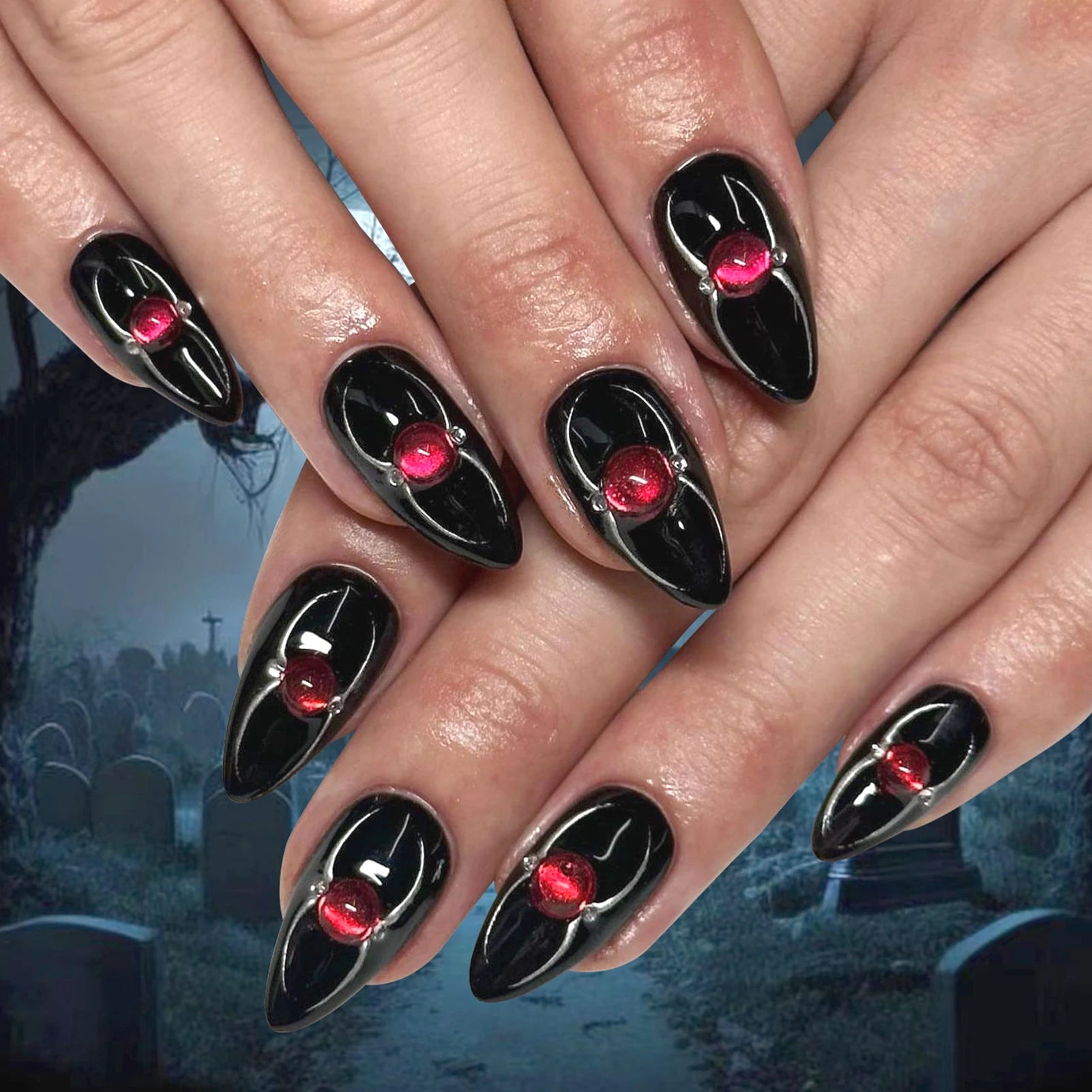 24pcs Halloween Gothic Fake Nail with Black Spider Bow Design False Nails European Long Coffin French Press on Nails Wearable 6