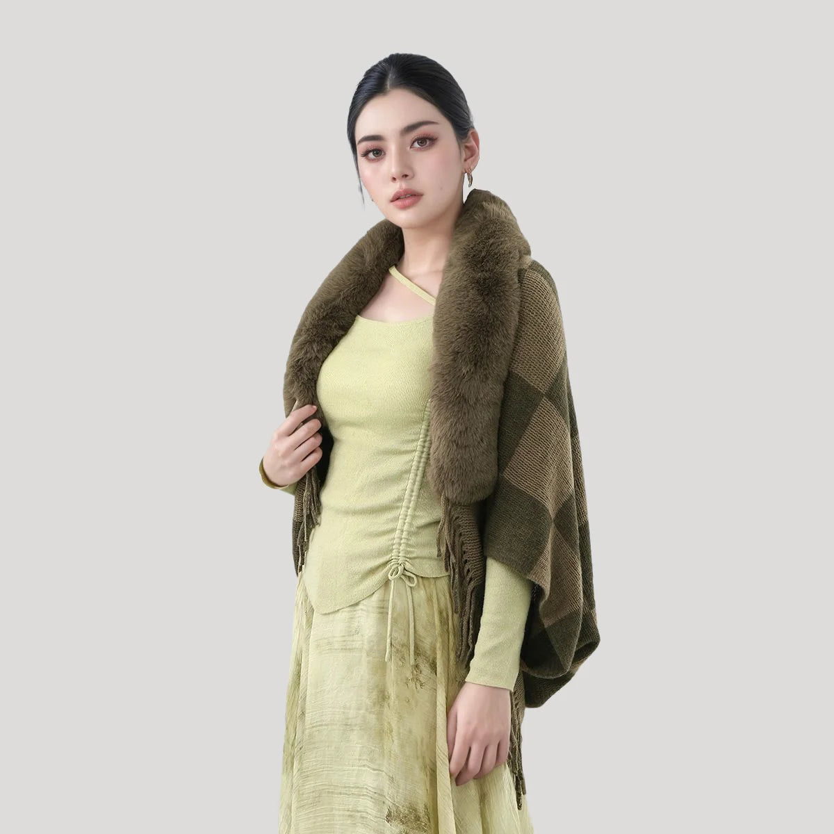 Fashion Faux Fur Collar Plush Shawl Knit Plaid Cardigan Cape Cloak Warm Thicken Shawl Autumn Winter Women Sweater Jacket Coat