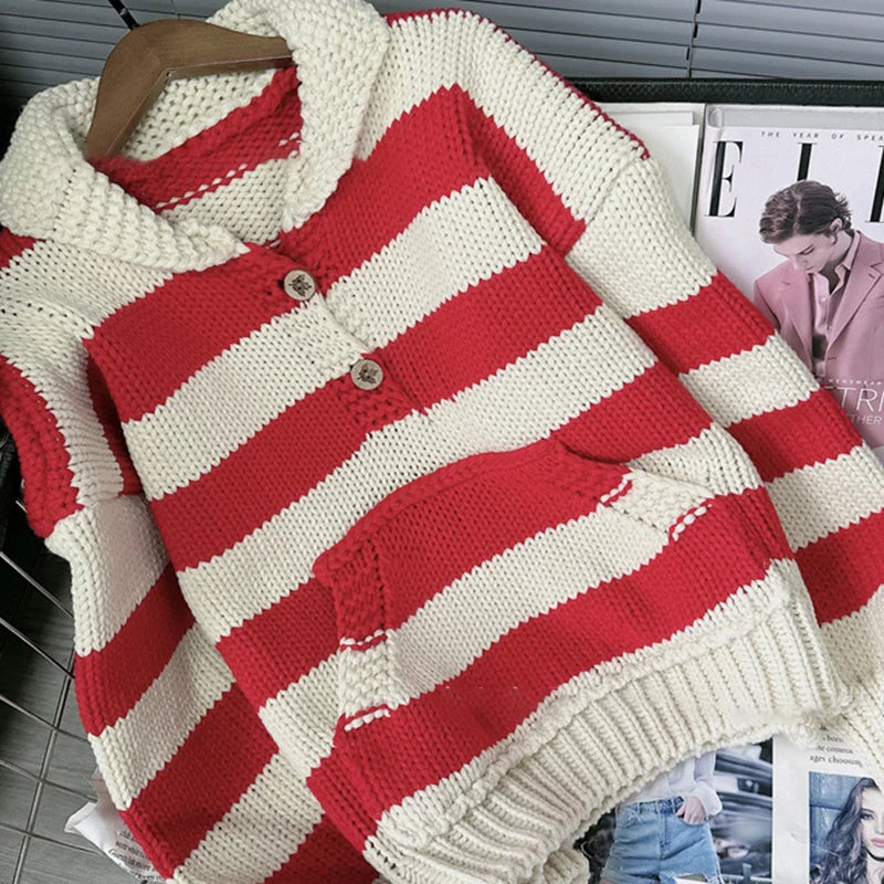 Autumn Winter New Lazy Style Striped Contrast Color Thick Knit Pullover Sweater For Women Loose Versatile Top 11A07789