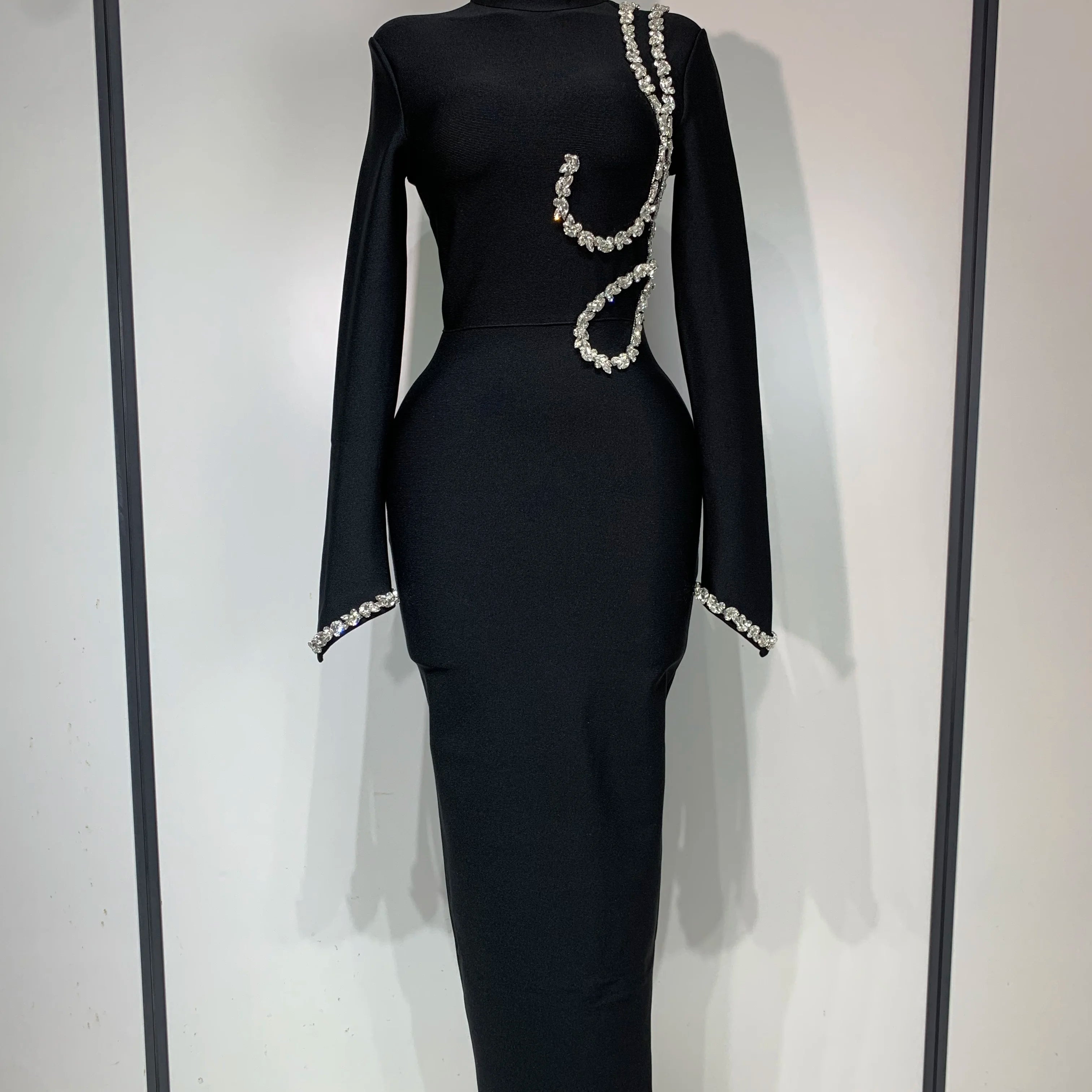 Women Sexy Long Sleeve Diamonds Maxi Long Bodycon Bandage Dress 2025 Celebrity Elegant Evening Party Luxury Birthday Dresses black
