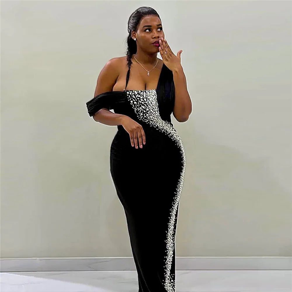 Top Quality Women Sexy Strapless Shinning Rhinestones Bodycon Long Bandage Dress Celebrate Nightclub Party Birthday Outfit black