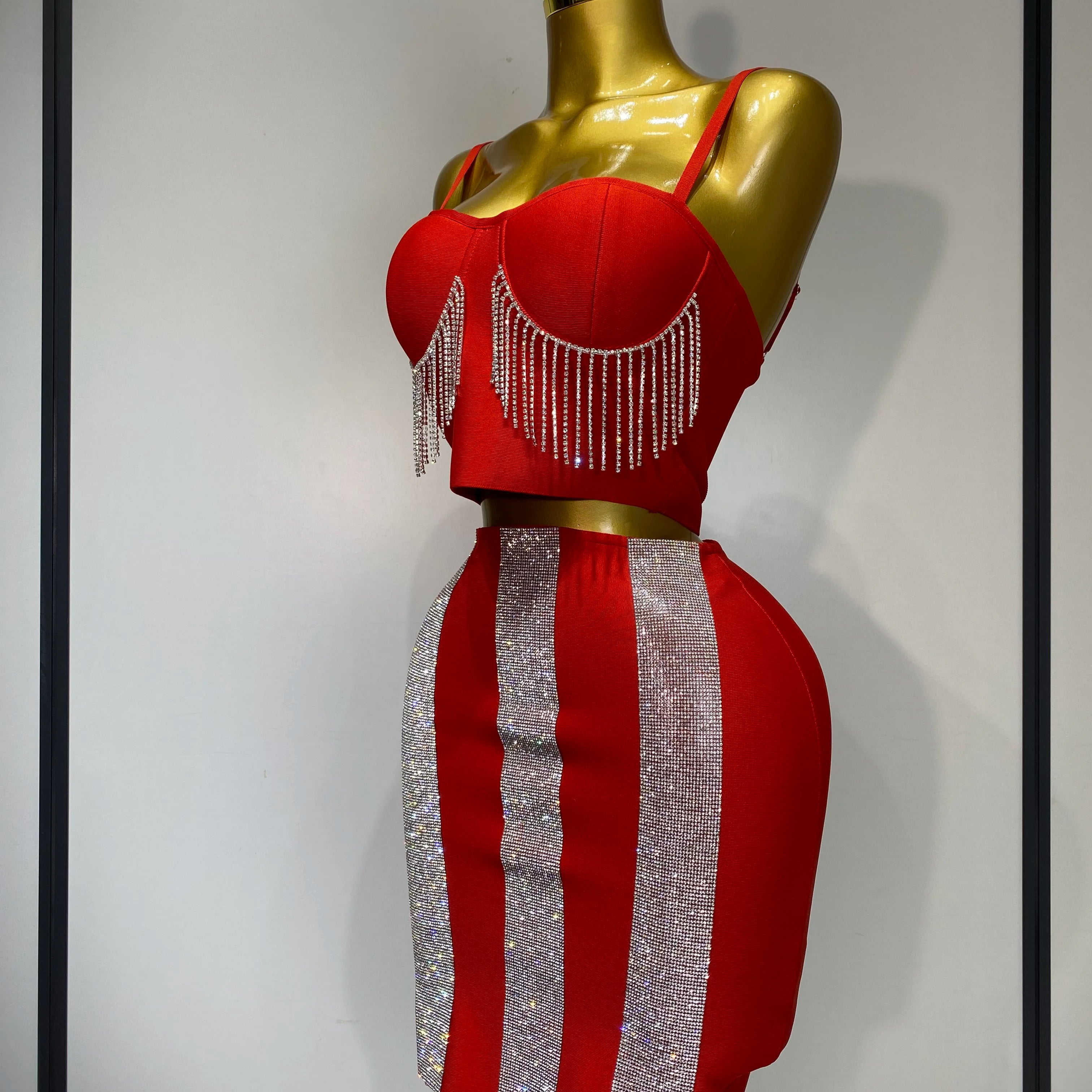 Women Sexy Sling Backless Tassels Bandage Skirt Two Piece Set 2025 Knitted Celebrity Elegant Evening Luxury Birthday Dresses