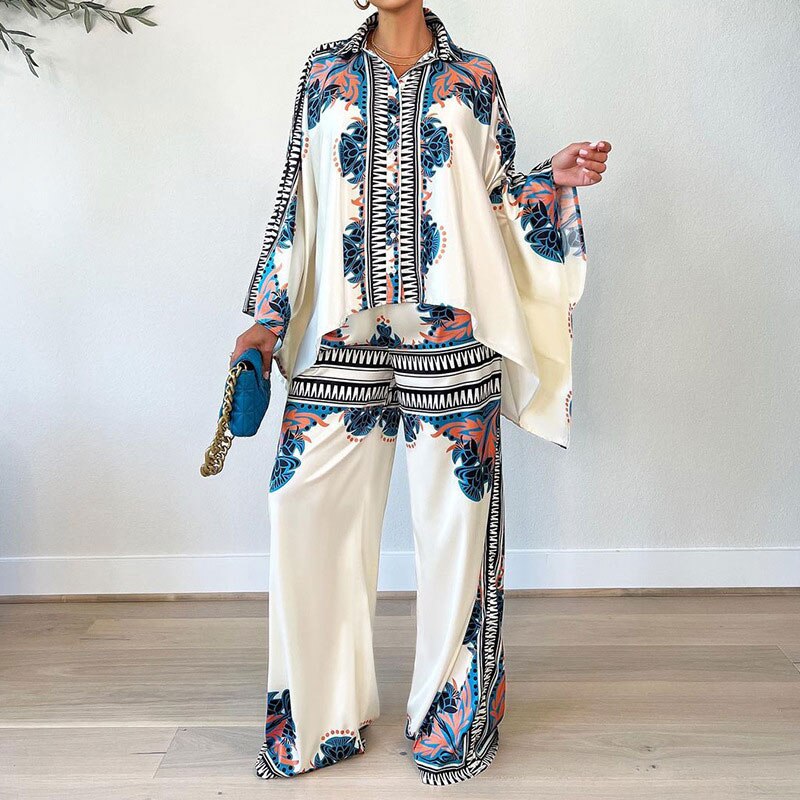 Printed Lapel Blouse Pants Sets Women 2024 Autumn Long Bat Sleeve Shirt Tops Loose Wide Leg Pant 2 Piece Set Female Casual Suit blue
