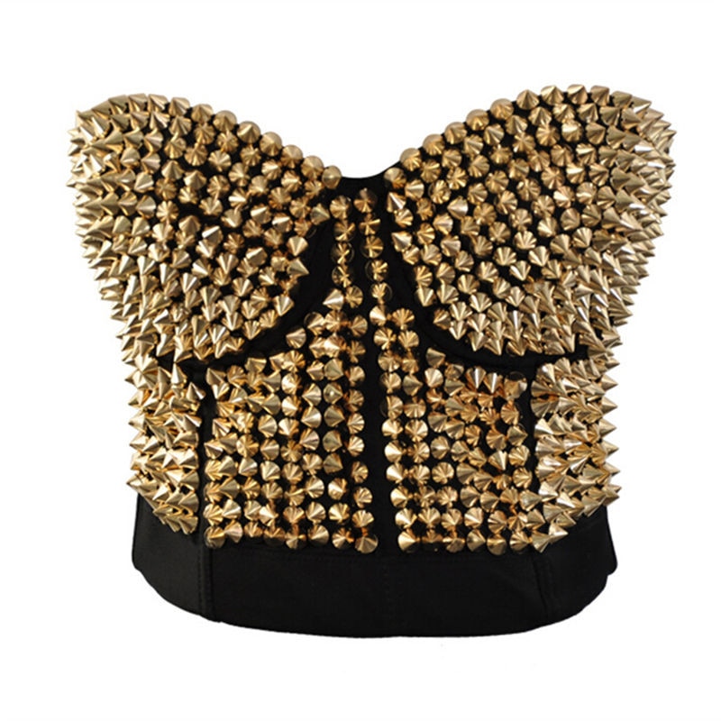 Sexy Bra Women Fashion Spike Stud Rivet Bra Gold Silver Lingerie Punk Party Wear Clubwear push up Bra for women Gold