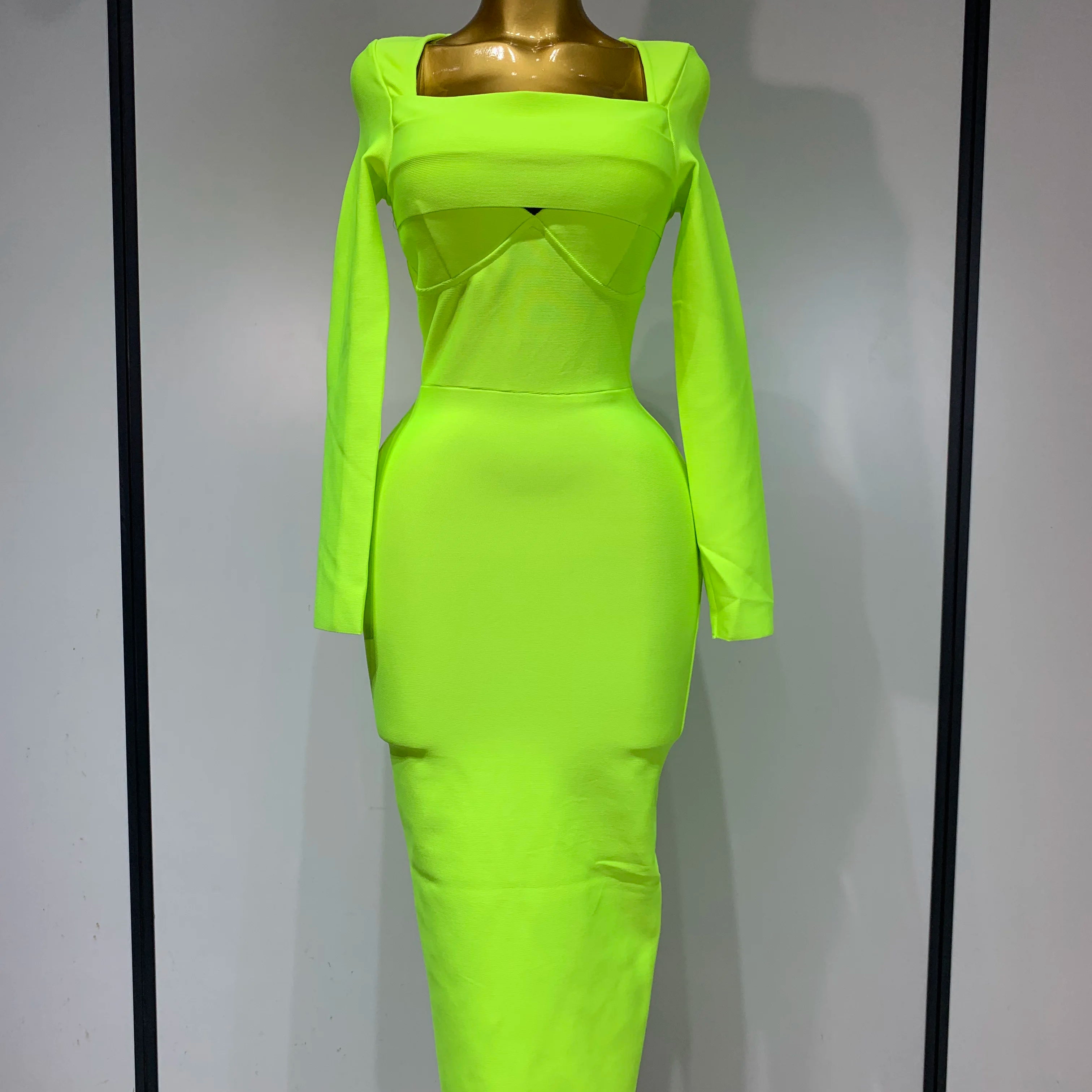 Women Sexy Long Sleeve Square Collar Fluorescent Green Midi Bodycon Bandage Dress 2025 Elegant Evening Birthday Party Dresses Fluorescent Green