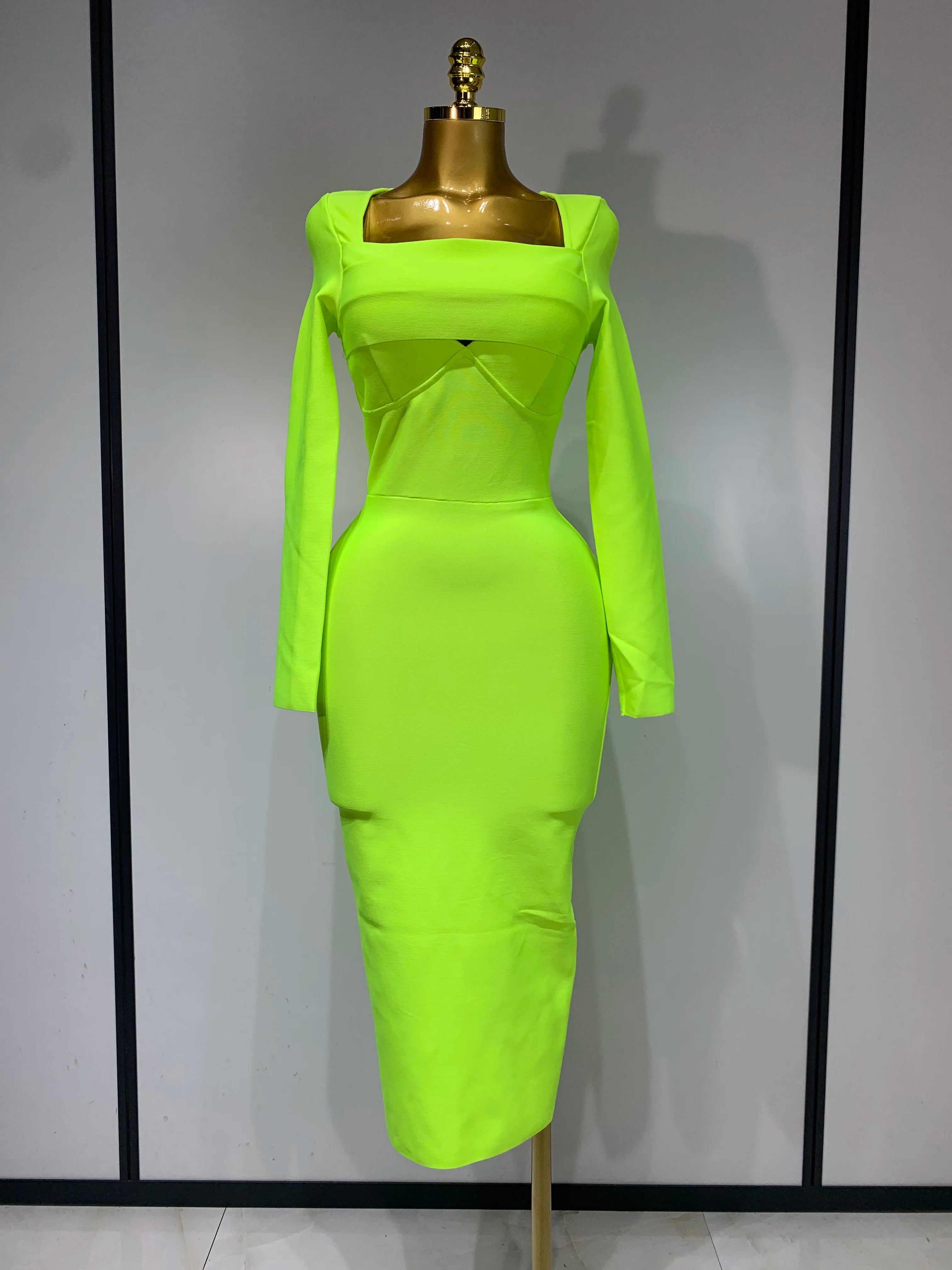 Women Sexy Long Sleeve Square Collar Fluorescent Green Midi Bodycon Bandage Dress 2025 Elegant Evening Birthday Party Dresses Fluorescent Green