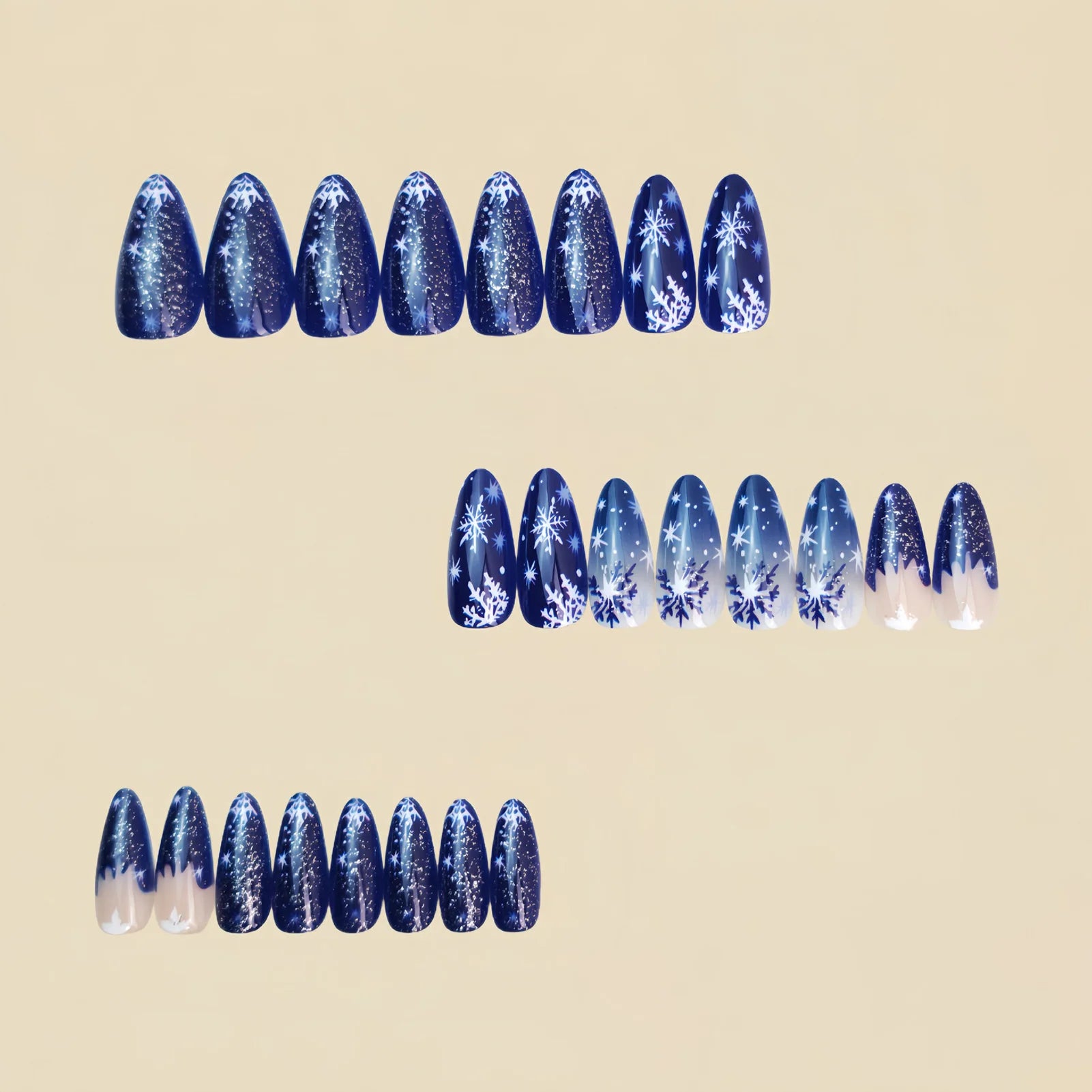 Gradient Blue Almond Fake Nails 24Pcs Christmas Nails Press On Acrylic False Nails Snowflake Printed Women Charm Manicure
