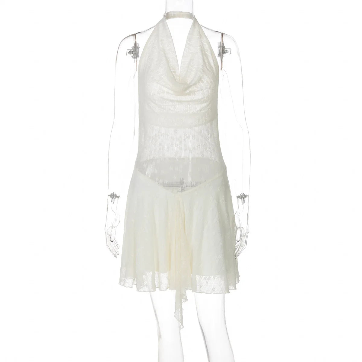 See Through Lace Halter Sexy Mini Dress Women Robe Halter Deep V Neck Backless Draped Ruffled Club Party Beach Dress Apricot