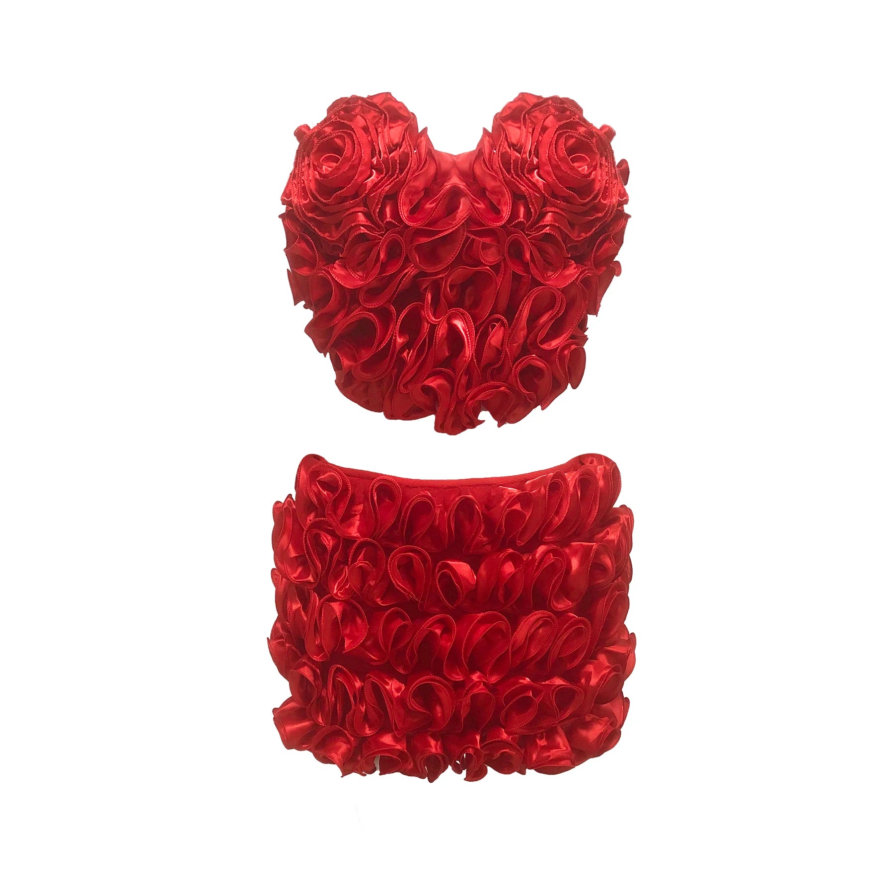 Red Color Women Birthday Party Rose Set Music Festival Outfit Short Sexy Strapless Tops And Mini Skirt 2 Pieces