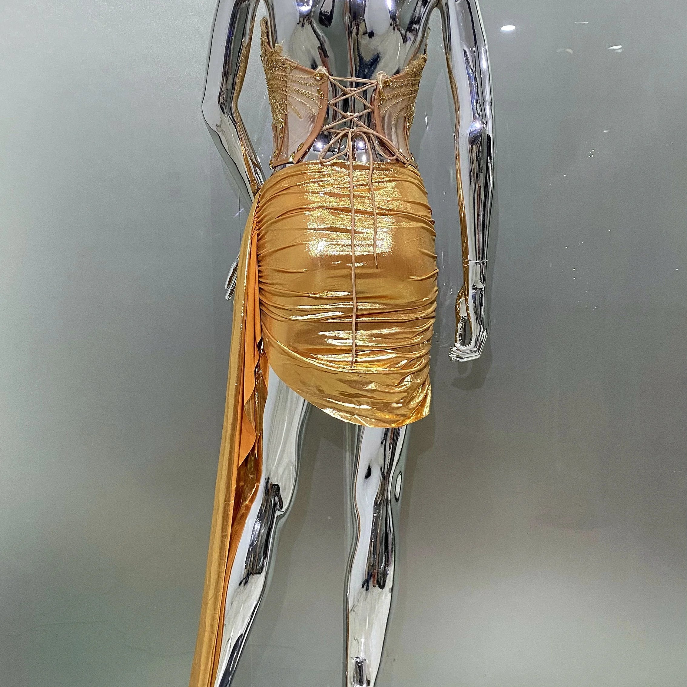 Golden Sparkling Diamonds Sexy See Through STrapless Top And Mini Skirt 2 Pieces Woman Set Party Vestido Performances Costume