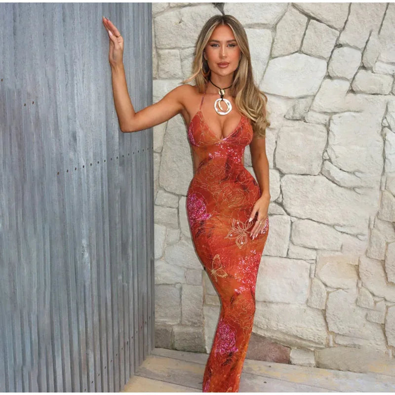 Women's Sexy Deep V High Waist Printed Halter Dress Sleeveless Slim Fit Backless Lace Up Dresses Summer Fashion Party Dress 2025