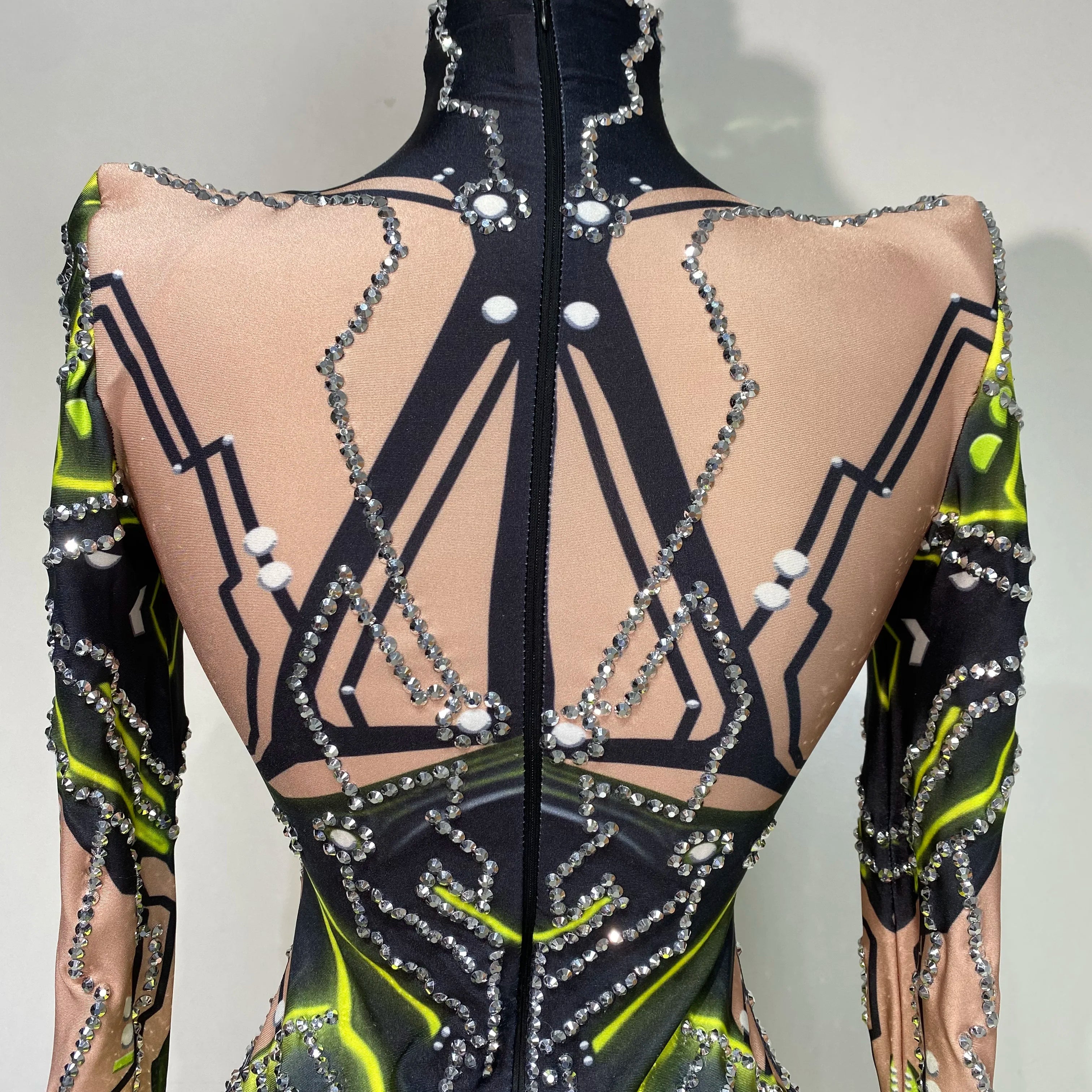 Women Sparkly Rhinstones High Street Bodysuit Performance Dance Singer Costume Nightclub Evening Party Birthday Stage Outfit