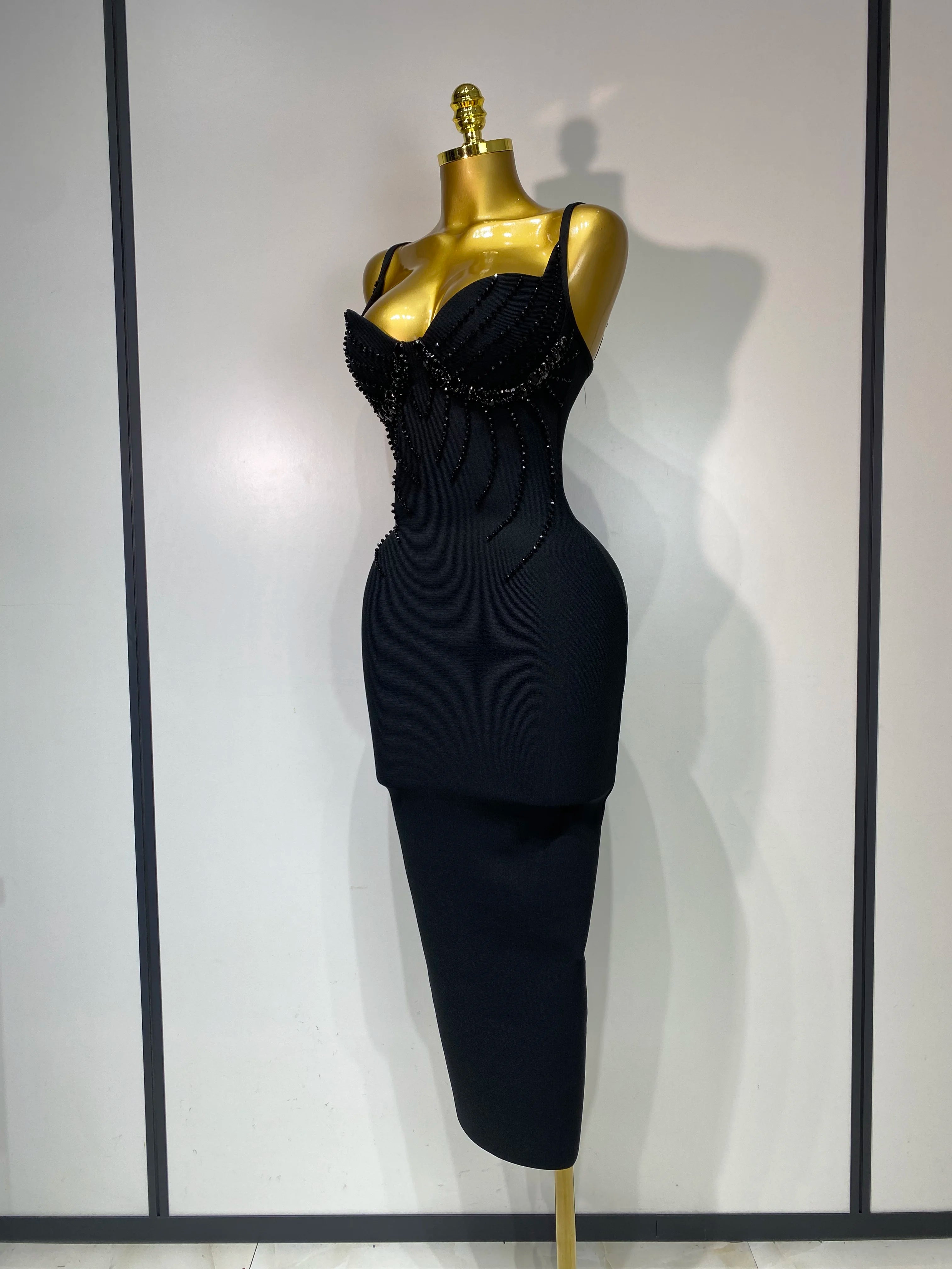 Women Sexy Beading Spaghetti Strap Bodycon Bandage Dress Club Party Luxury Birthday Celebrity Elegant Dresses Wedding Guest Gown