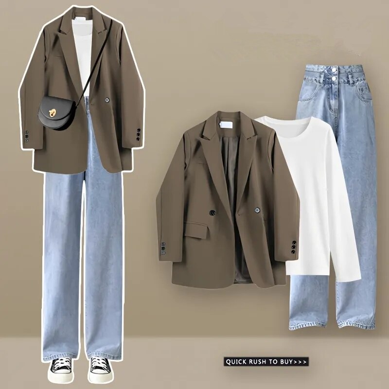 Women Spring Autumn Blazers T Shirts Denim Pants 1 or 3 Piece Set Korean Lady Casual Suit Jackets White Tops Jeans Outifts 2024 Set A
