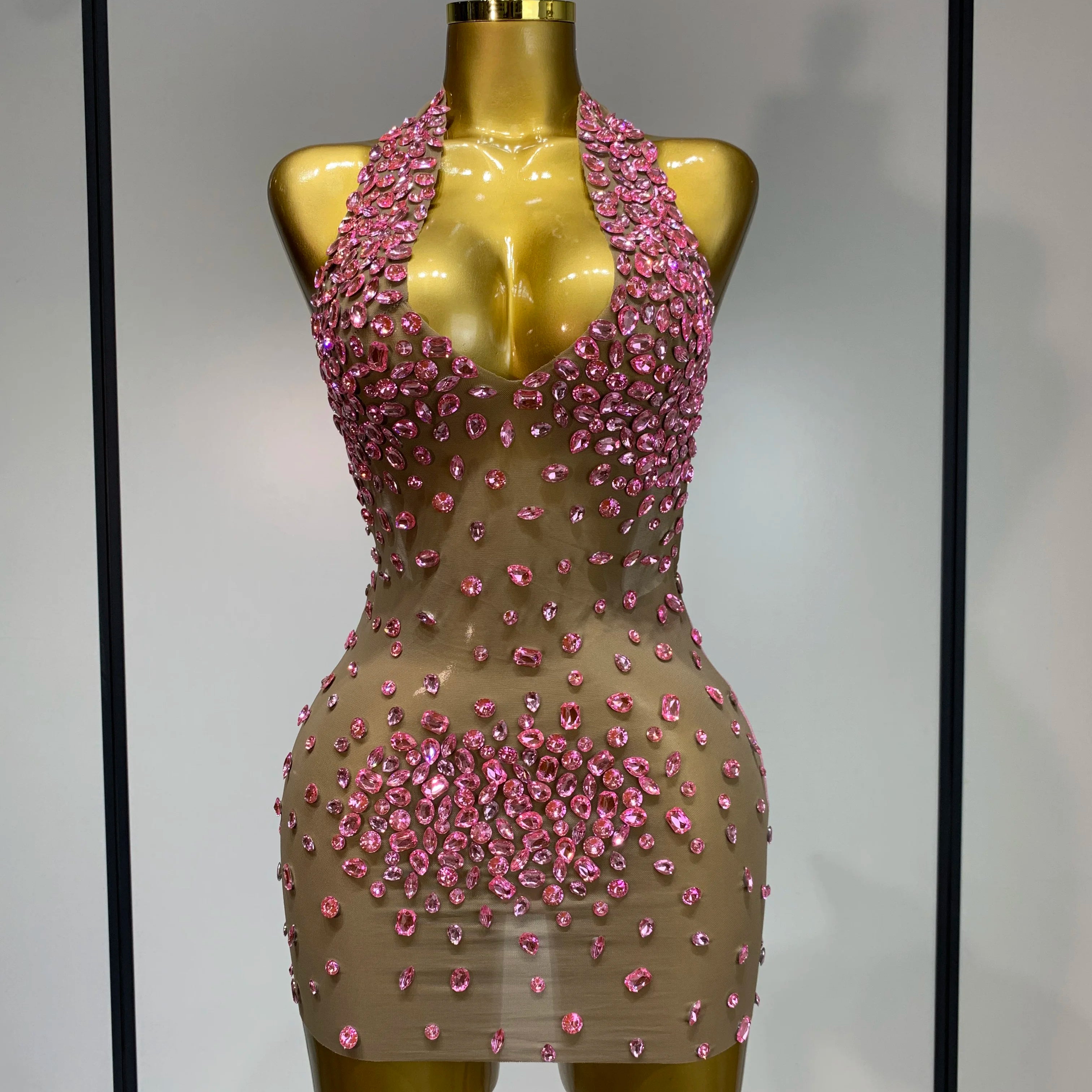 Luxury Rhinestones Backless Mini Dress Women Sexy Mesh Transparent Celebrate Evening Birthday Photo Shoot Perform Stage Outfit Pink