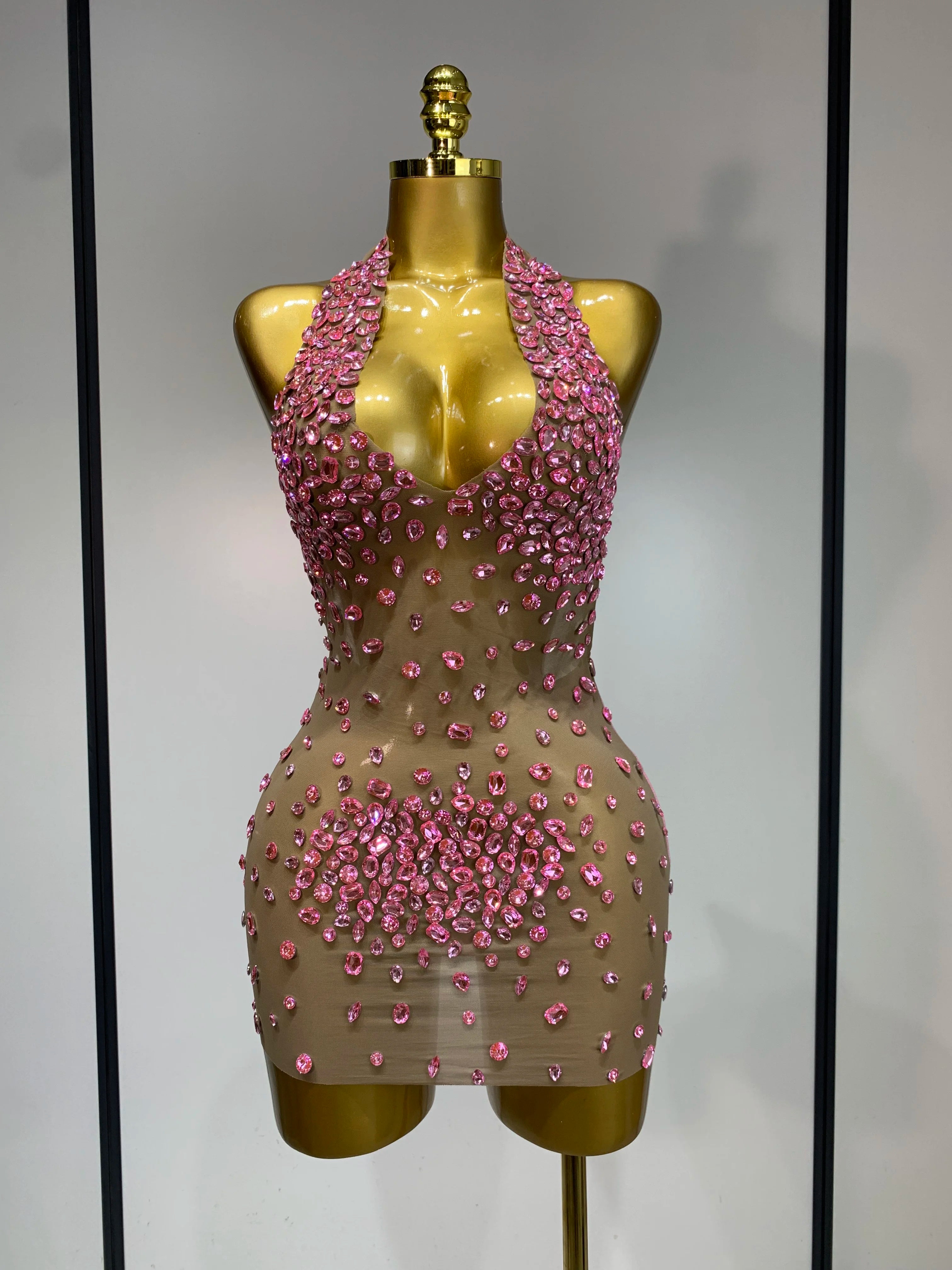 Luxury Rhinestones Backless Mini Dress Women Sexy Mesh Transparent Celebrate Evening Birthday Photo Shoot Perform Stage Outfit Pink