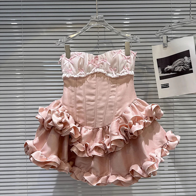 Winter New Sweet Three-Dimensional Bow Fishbone Waist Puff Strapless Dresses For Women Backless Dress Female 11A07498