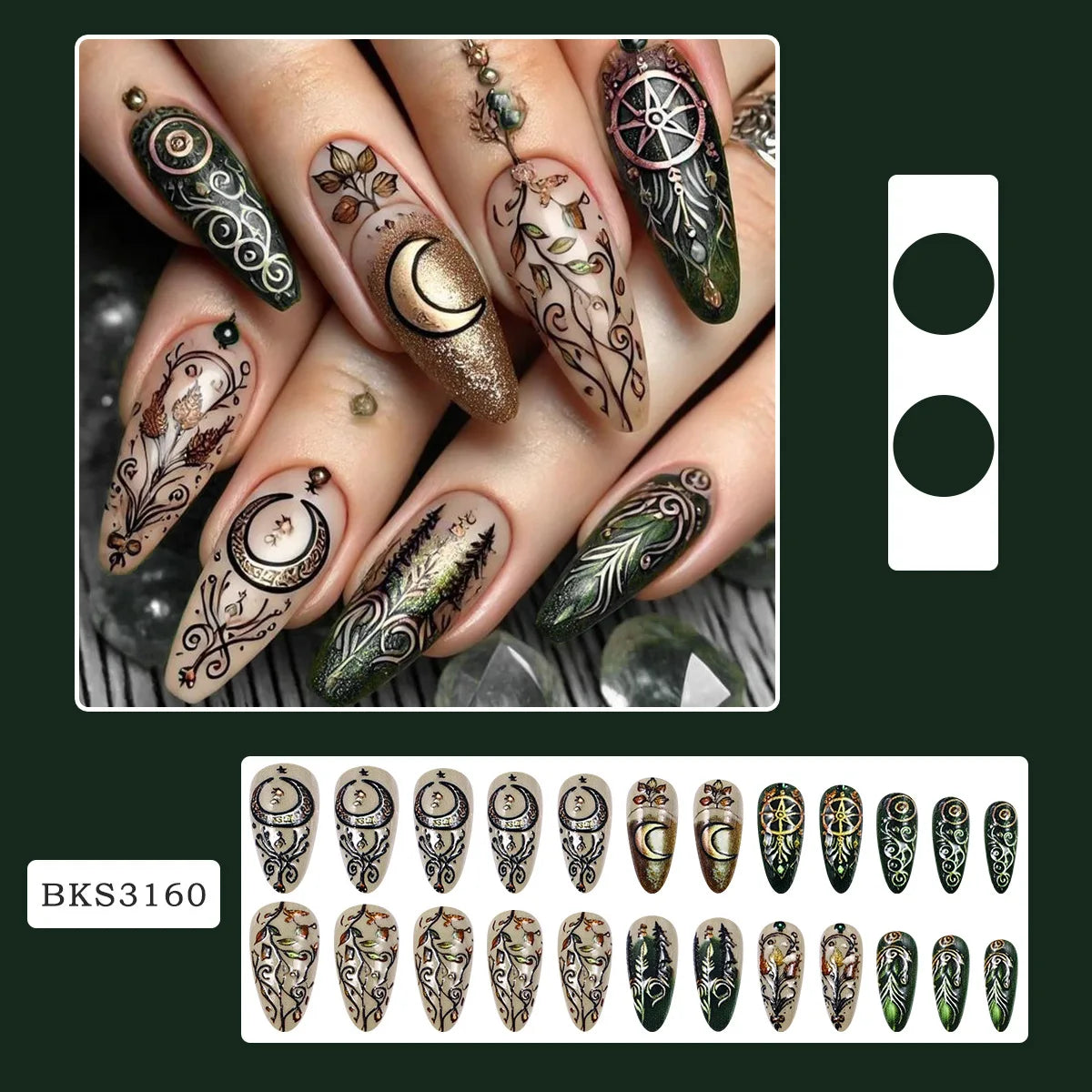 24pcs Mandala style False Nails Moon Flower Pattern Press on Nails European Retro Fake Nail Patch Women Lady Wearable Design N1
