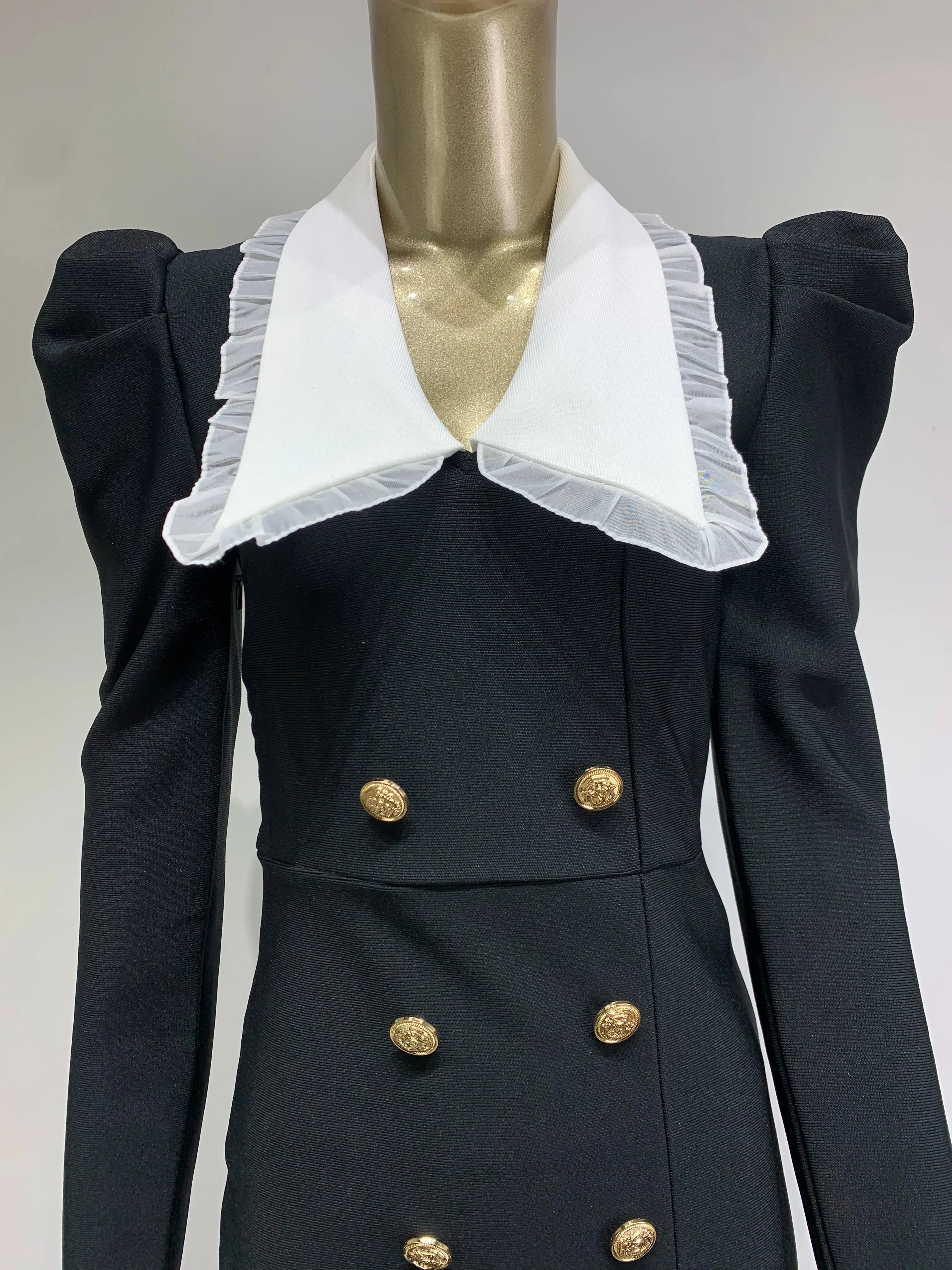 Women Celebrity Sexy Long Sleeve Patchwork Button Black Long Bodycon Bandage Dress Elegant Evening Club Party Dress