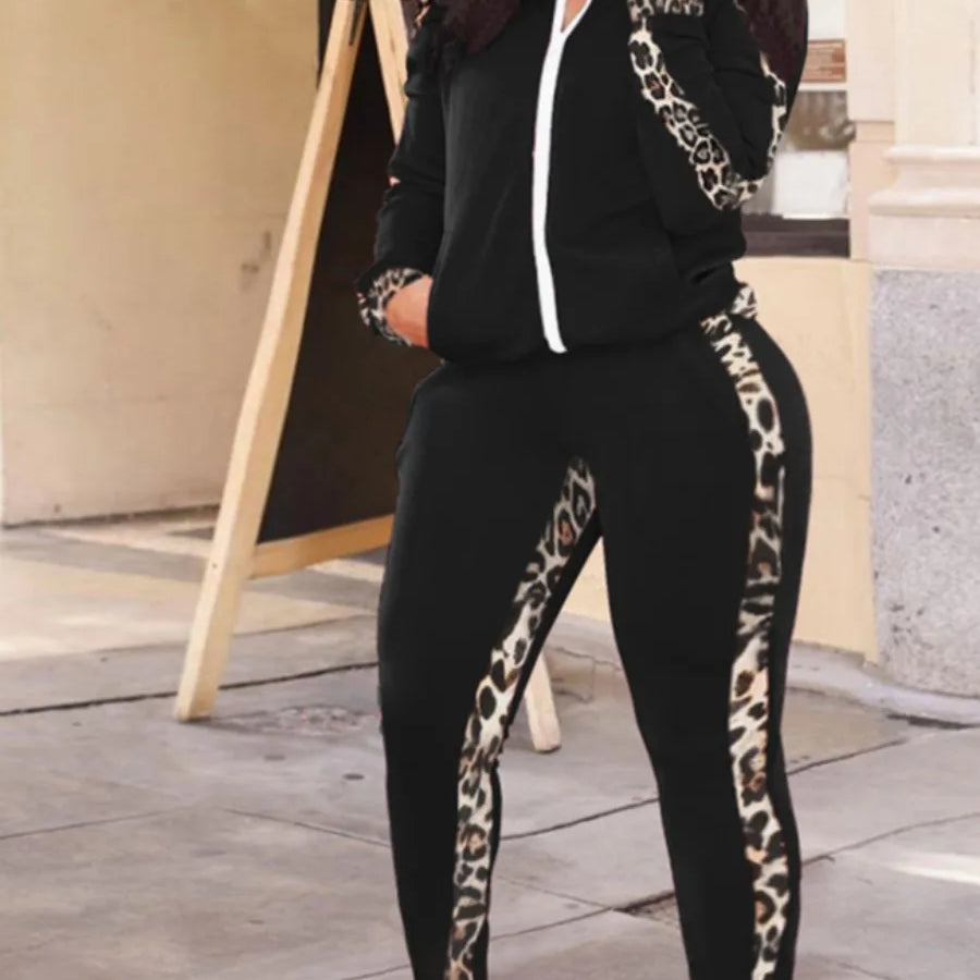 LW Plus Size Leopard Print Tracksuit Set Women Patchwork Zipper Design Mandarin Collar Long Sleeve Two Piece Pants Matching Set black