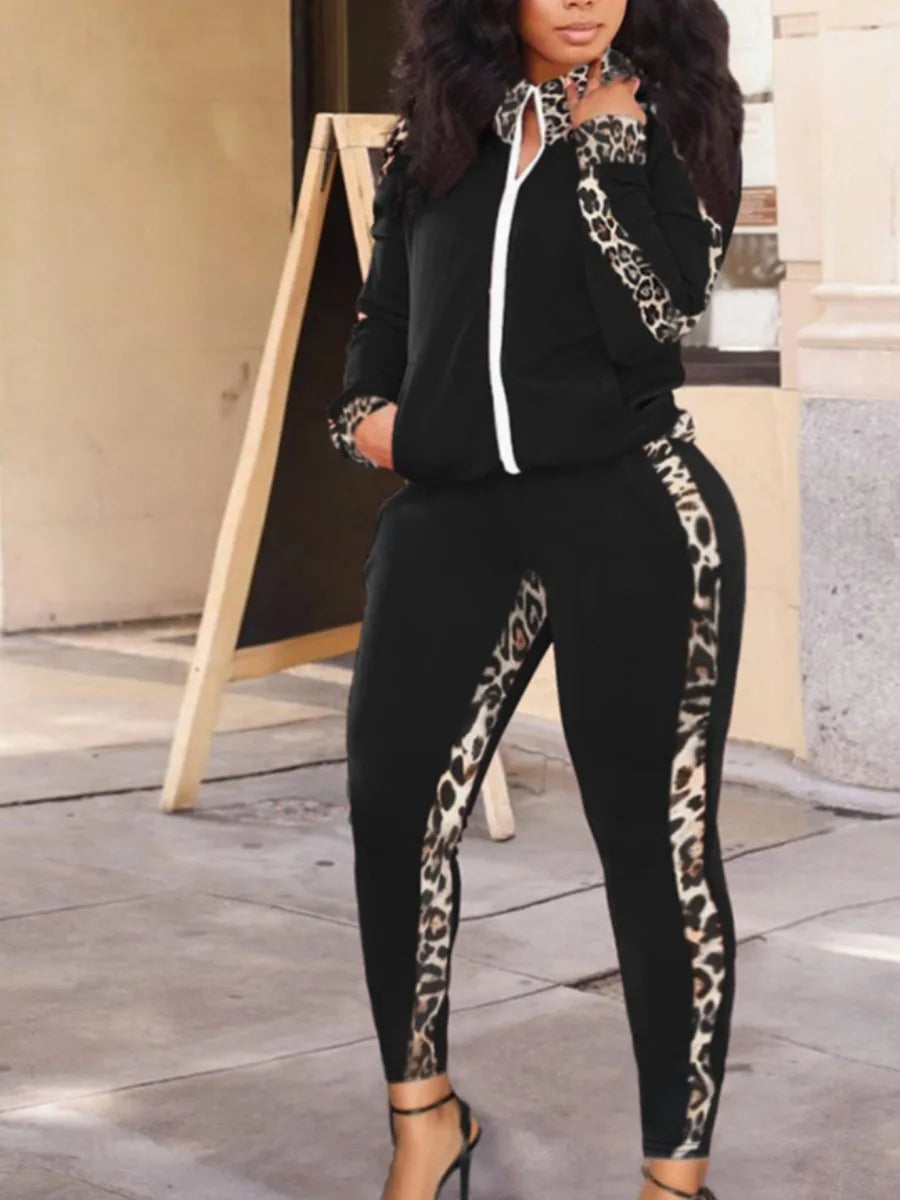 LW Plus Size Leopard Print Tracksuit Set Women Patchwork Zipper Design Mandarin Collar Long Sleeve Two Piece Pants Matching Set black