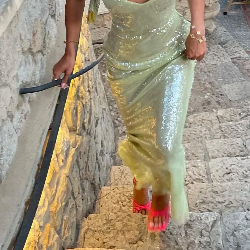 Luxury Sequins Backless High Slit Evening Long Dress Elegant WomenSleeveless High Waist Tunic Bodycon Holiday Party Dresses