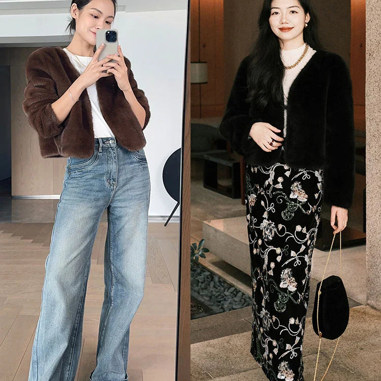 Autumn Winter Chic Luxury Soft Thick Warm Brown Faux Mink Fur Coat Women with Deep V Neck Long Sleeve Fluffy Jacket 2024