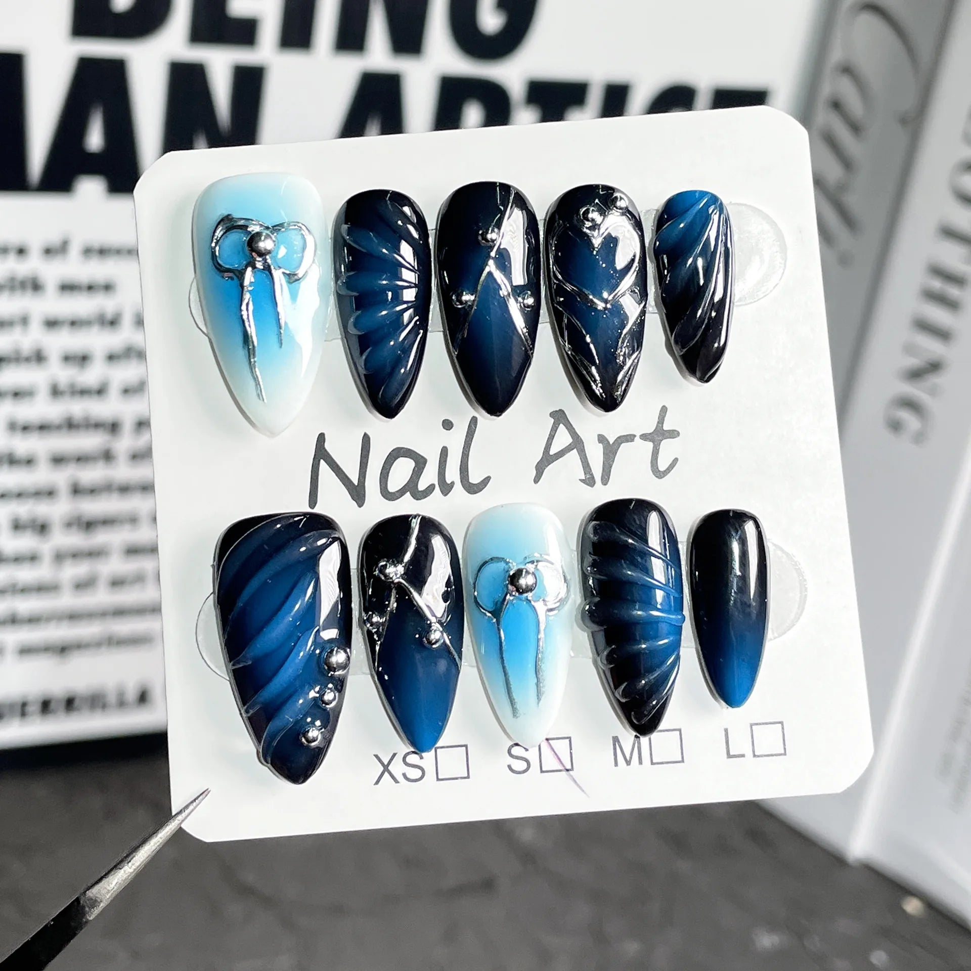 10Pcs Y2K Sweet Cool Almond Handmade Gel Nails with Glue Metallic Bow Nail Design 3D Blue False Nails Press on Acrylic Nail Tips