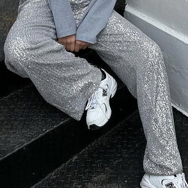 Elastic Waist Patchwork Sequined Trousers Women Loose Fit Streetwear Long Pants Chic Lady Spring Summer Straight Pants New