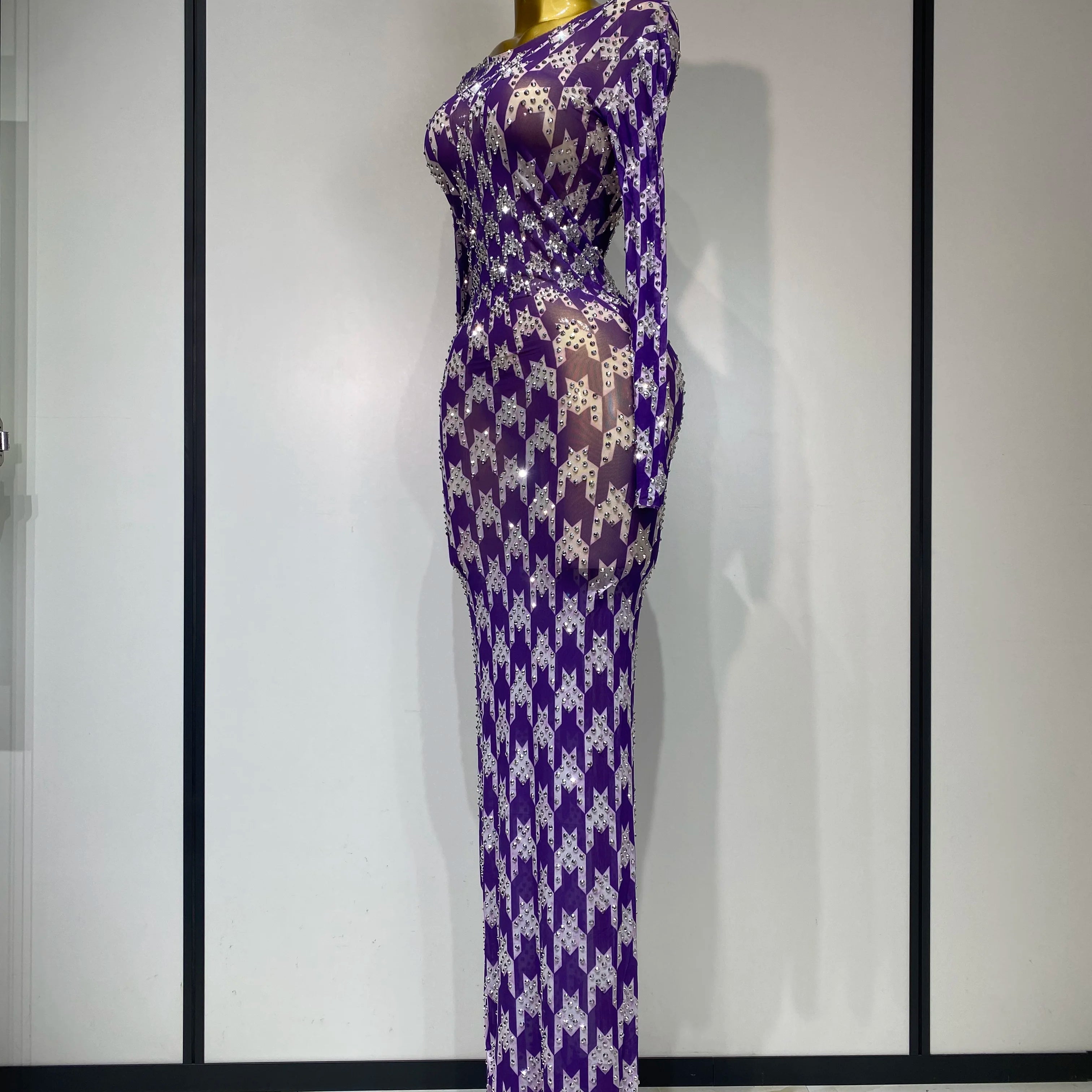 Sparkly Rhinestone Stretchy Mesh See Through Dress Women 2025 Performance Dancer Costume Luxury Birthday Nightclub Stage Outfit