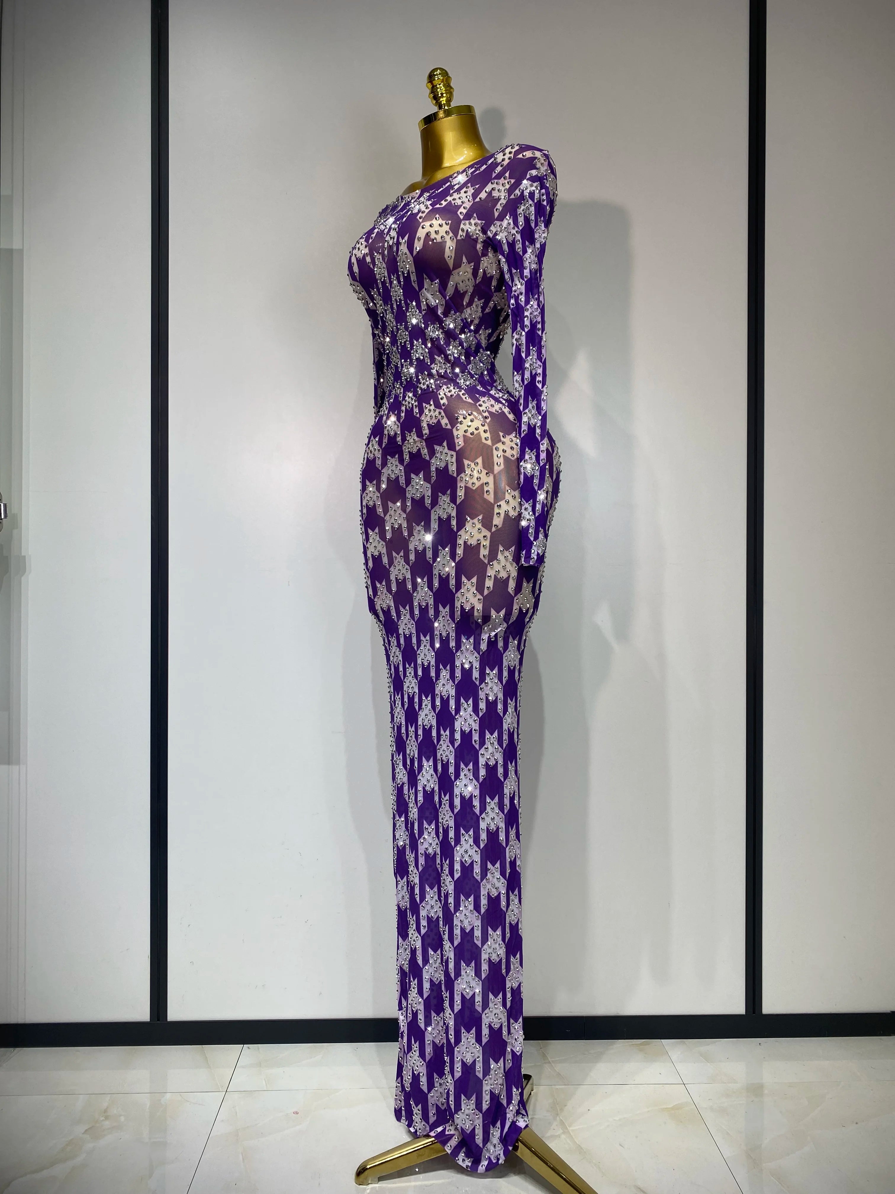 Sparkly Rhinestone Stretchy Mesh See Through Dress Women 2025 Performance Dancer Costume Luxury Birthday Nightclub Stage Outfit