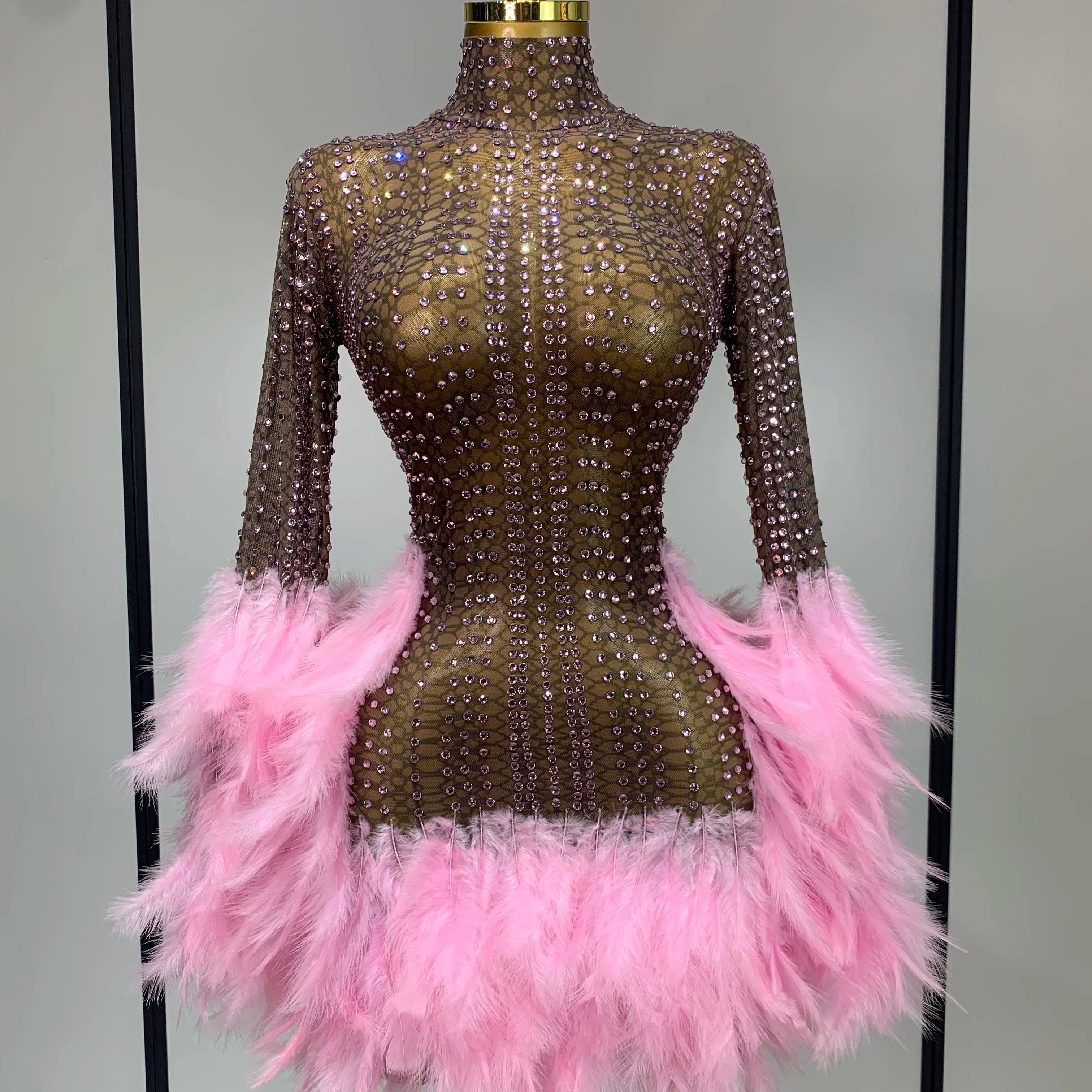 Women Luxury Birthday Dress Rhinestones Mesh Feathers Bodycon Mini Celebrity Evening Club Party Dress Nightclub Stage Outfit Pink