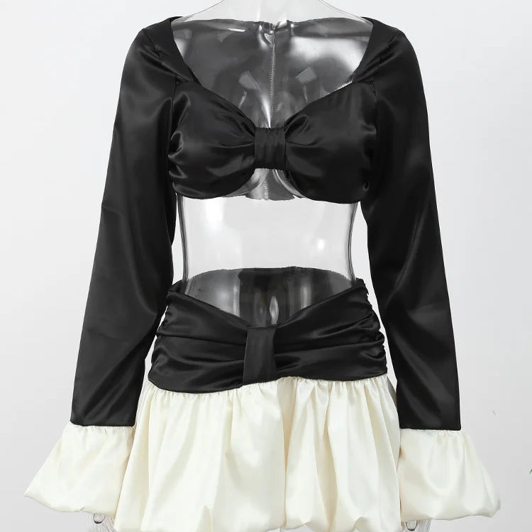 Sexy Contrasting Cropped Chest Wrapped Top Suit White Pleated Hem Short Bud Skirts Sets Elegant Lady Party Club Women's Clothes Black