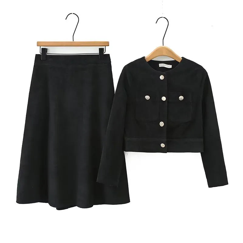 Plus Size Women's Clothing Spring And Autumn Suit Long-Sleeved Short Jacket In Corduroy Fabric And Knee Length Skirt Combination black