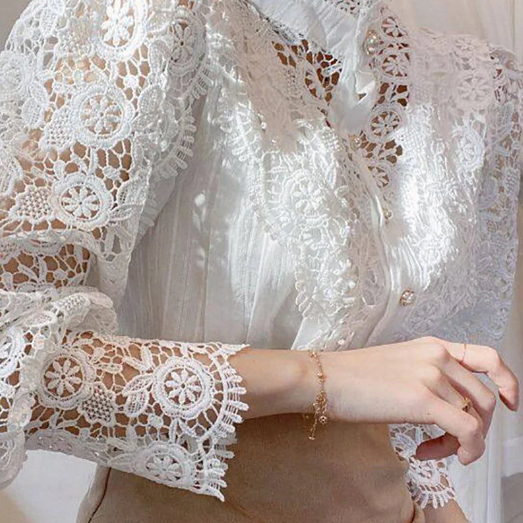 Women Chiffon Button Turtleneck Shirt Chic Elegant Floral Lace Fluffy Long Sleeve Top Fashion Hollow Oversize White Blouse 2024