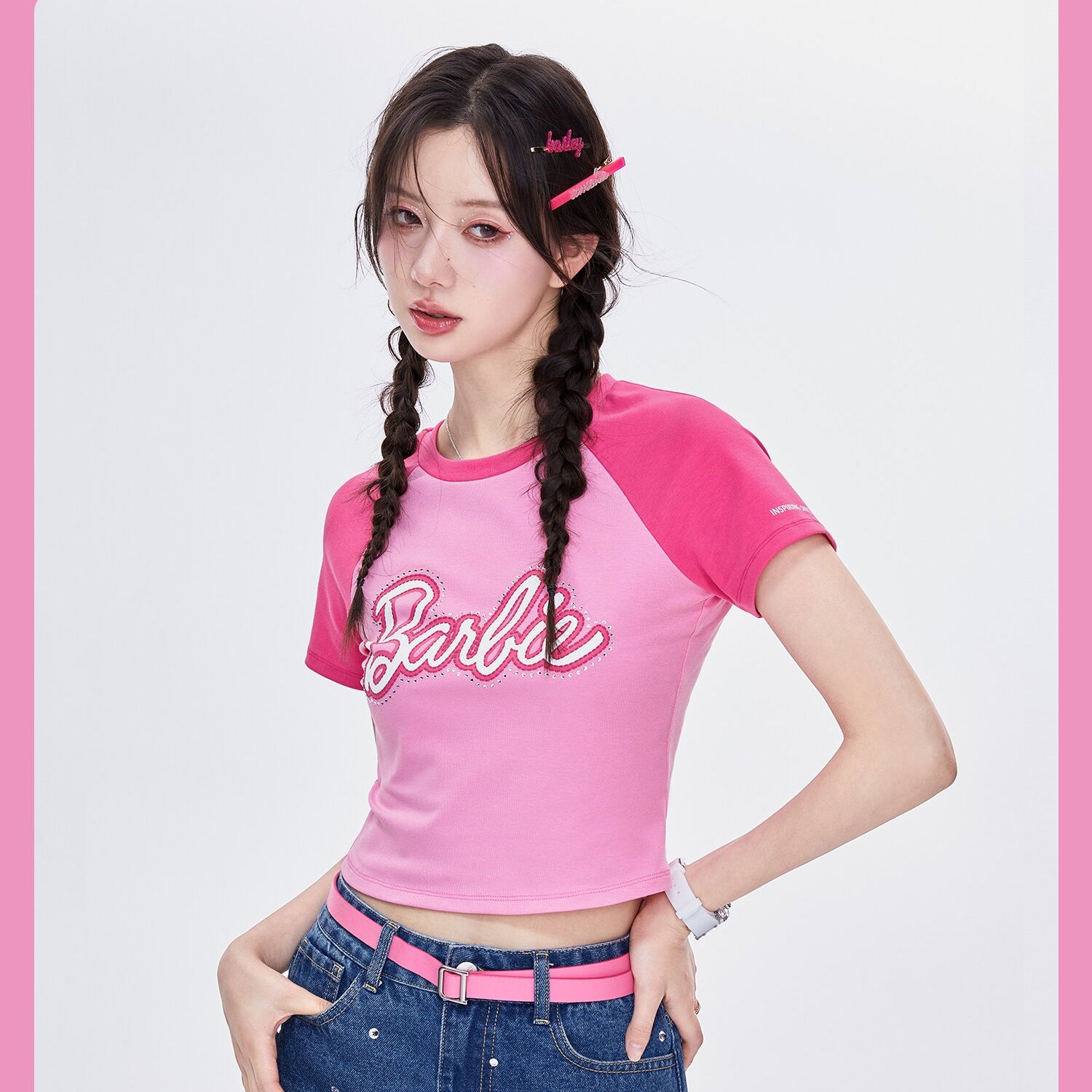 Underpass X Barbie Print Hot Drill Navel Slim Fit Contrast Short-Sleeved T-Shirt Y2K Girls Skinny Short Sleeves Fashion Soft Top