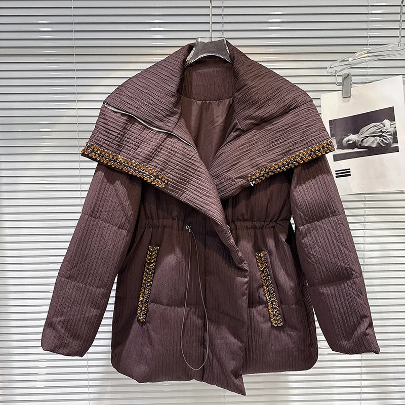 Winter New Heavy Beaded Lapel Drawstring Waist Warm Mid-Length Jacket For Women Loose Cotton-padded Coat 11A07671 Brown One Size