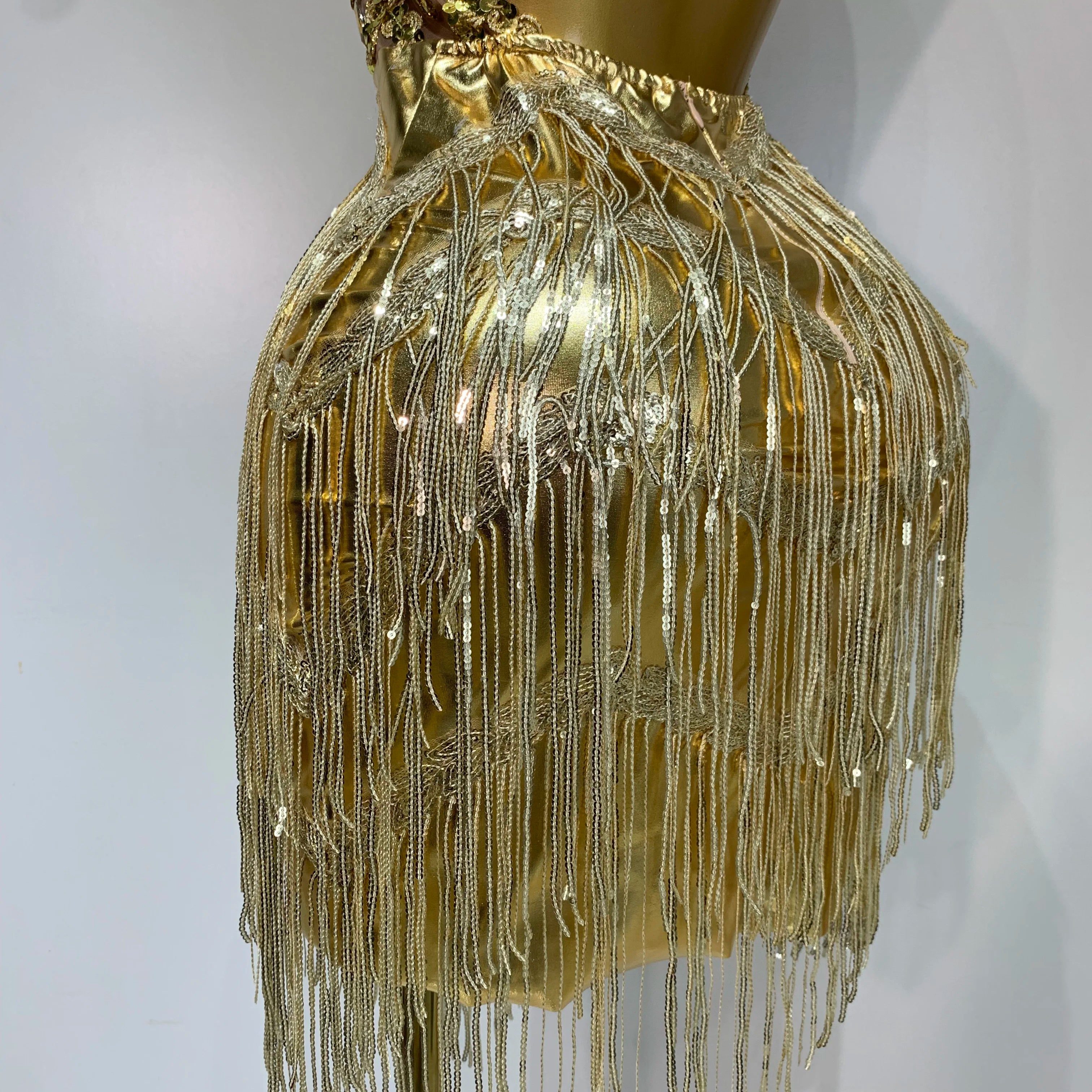 Women Birthday Party Rhinestones Tassels Transparent Short Dress Dance Show 2025 New Sexy Fashion Gold Sparkly Stage Costume