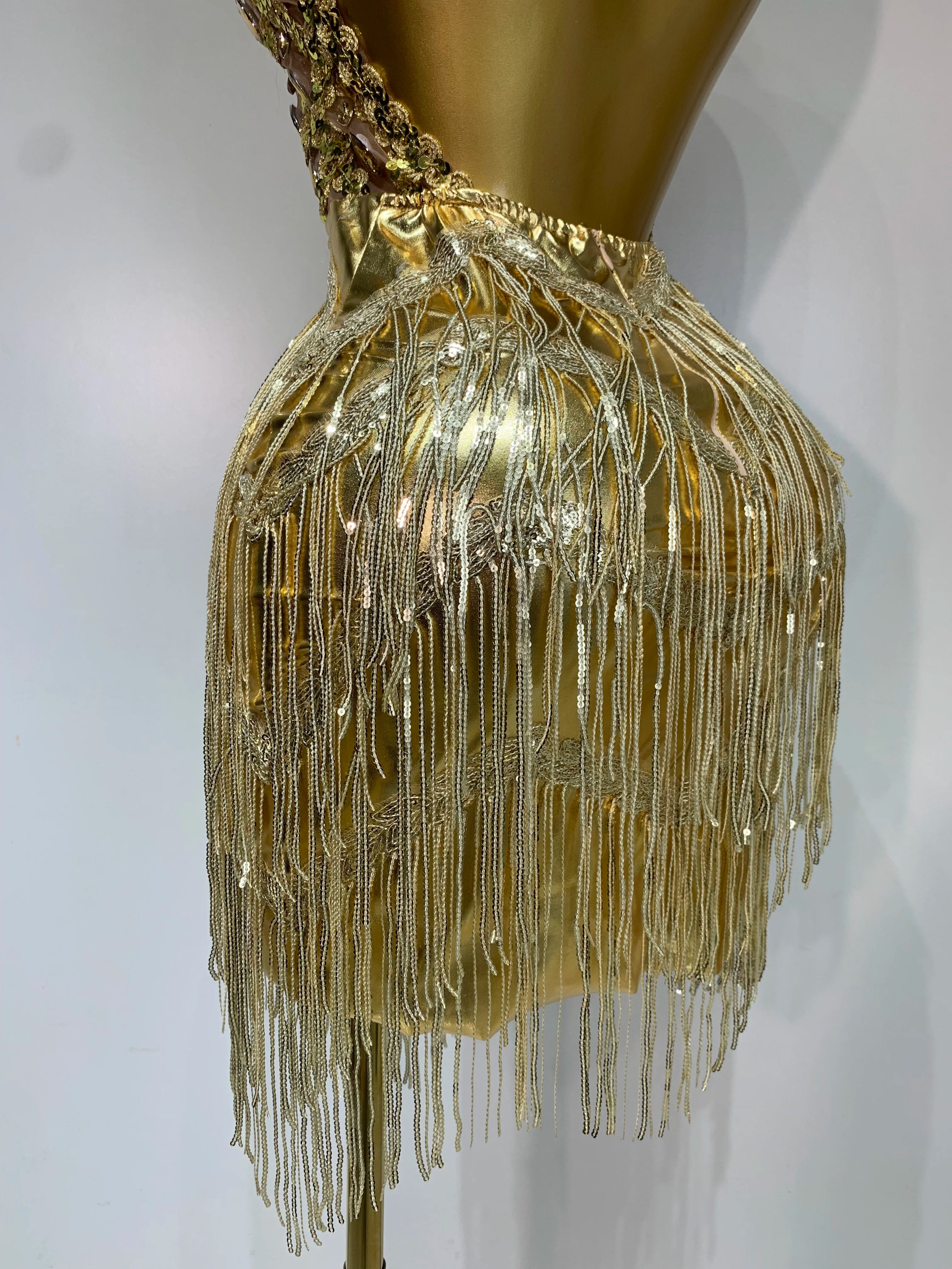 Women Birthday Party Rhinestones Tassels Transparent Short Dress Dance Show 2025 New Sexy Fashion Gold Sparkly Stage Costume