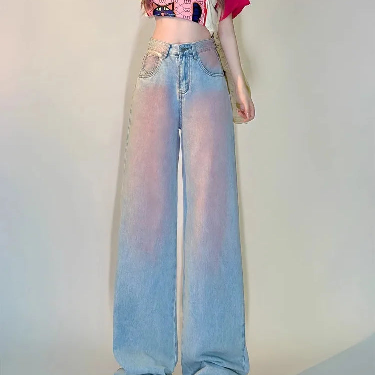 Korean Women's Wide Leg Baggy Y2K 2000s Denim Trouser Fashion Sweet Casual High Waist Pants High Street Blue Straight Jeans
